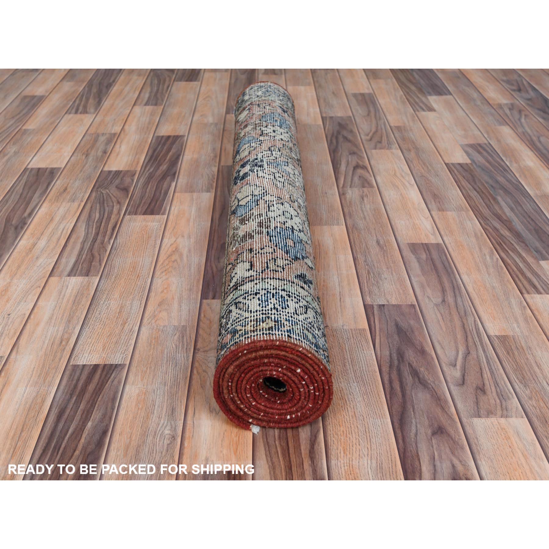 3'7"x9'9" Almond Brown, Distressed Look Worn Wool Hand Knotted, Vintage Persian Lilahan Sheared Low, Wide Runner Oriental Rug Sh81061