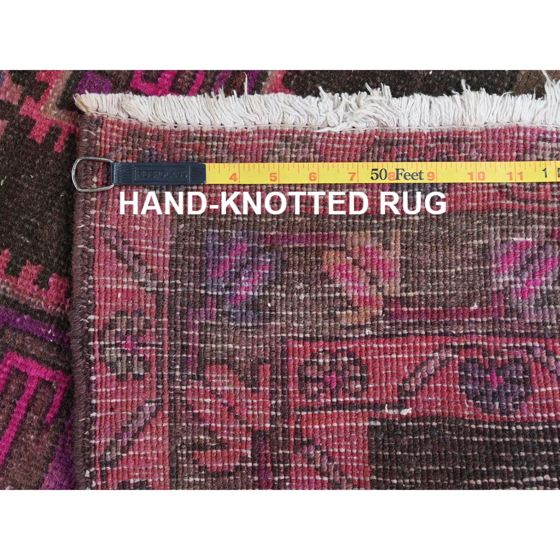 3'5"x9'5" Hot Pink and Purple, Hand Knotted Vintage Persian Hamadan, Sheared Low Distressed Look Worn Wool, Wide Runner Oriental Rug Sh81063