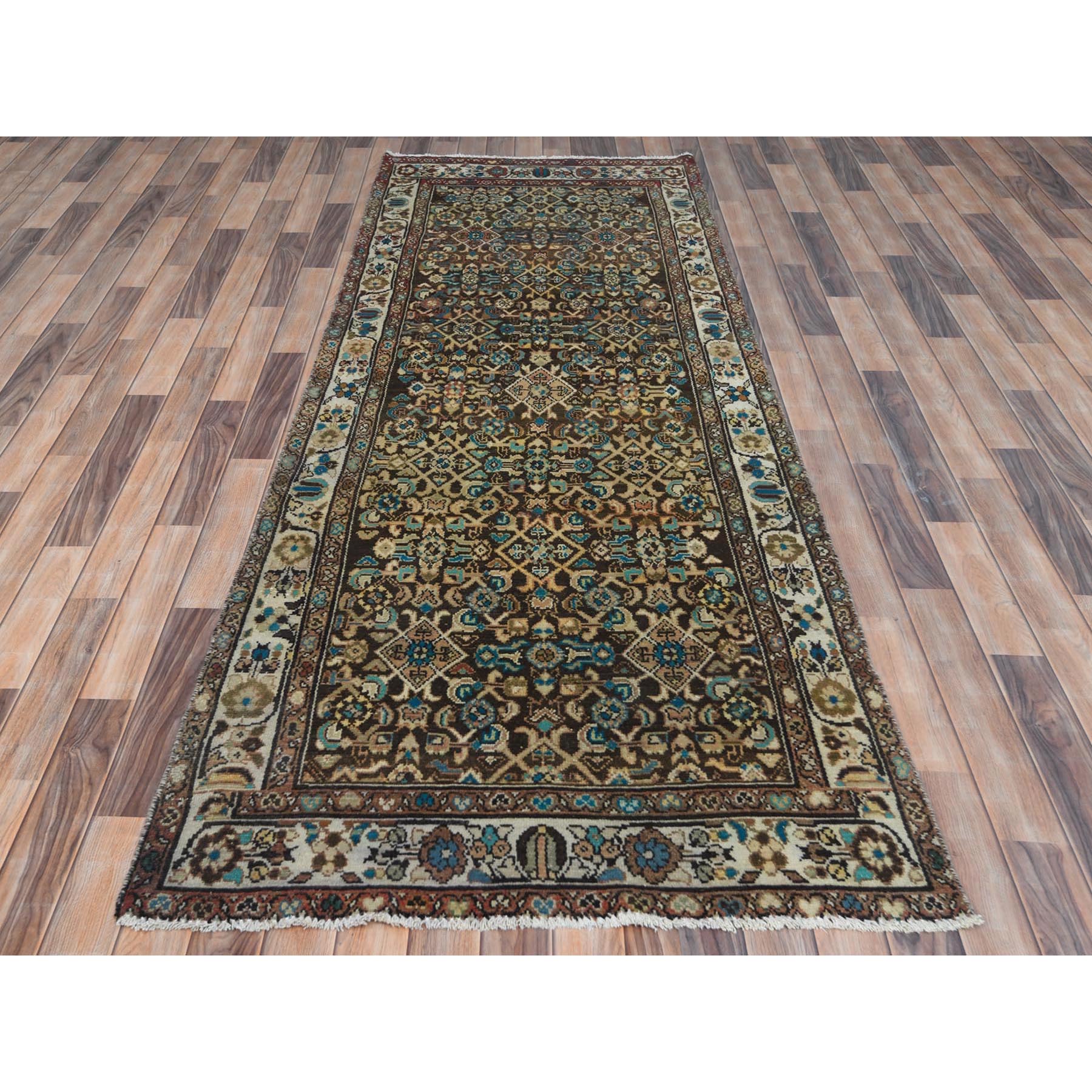 3'7"x9'10" Chocolate Brown, Worn Wool Hand Knotted Vintage Persian Hamadan with Fish Mahi All Over Design, Sheared Low Distressed Look, Wide Runner Oriental Rug Sh81073
