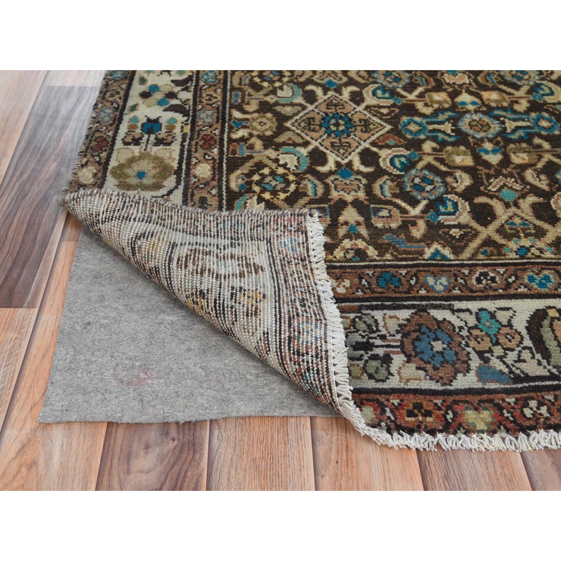 3'7"x9'10" Chocolate Brown, Worn Wool Hand Knotted Vintage Persian Hamadan with Fish Mahi All Over Design, Sheared Low Distressed Look, Wide Runner Oriental Rug Sh81073