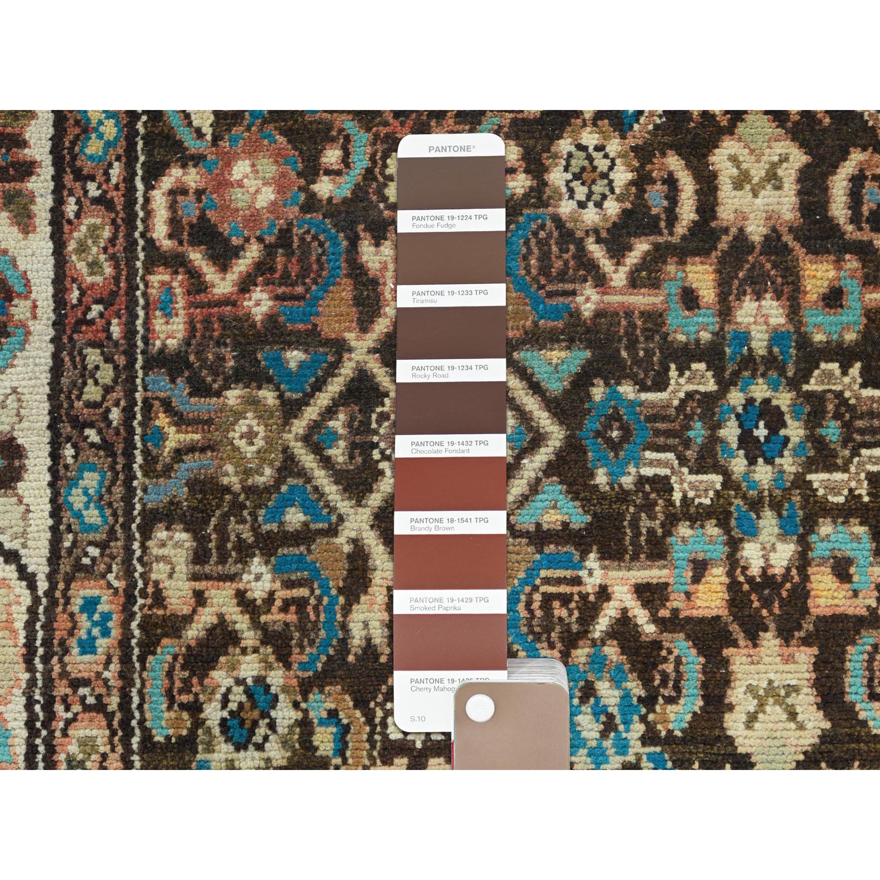 3'7"x9'10" Chocolate Brown, Worn Wool Hand Knotted Vintage Persian Hamadan with Fish Mahi All Over Design, Sheared Low Distressed Look, Wide Runner Oriental Rug Sh81073