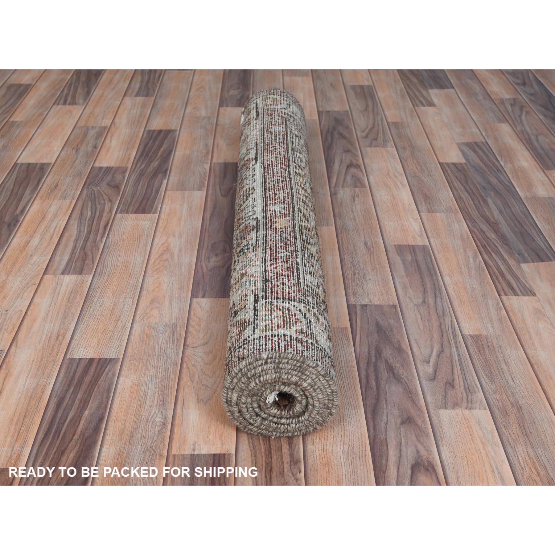 3'7"x9'10" Chocolate Brown, Worn Wool Hand Knotted Vintage Persian Hamadan with Fish Mahi All Over Design, Sheared Low Distressed Look, Wide Runner Oriental Rug Sh81073