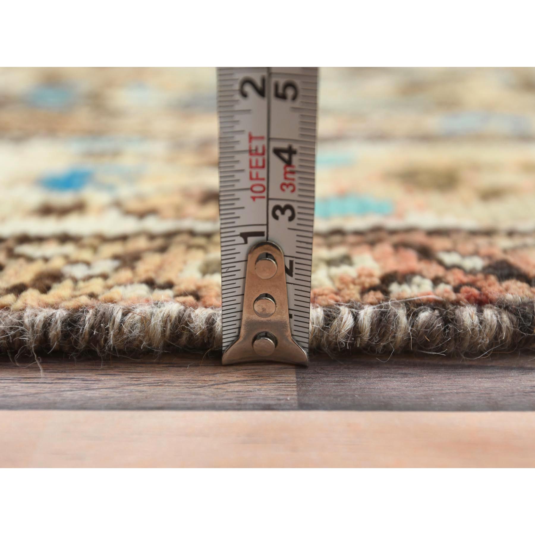 3'7"x9'10" Chocolate Brown, Worn Wool Hand Knotted Vintage Persian Hamadan with Fish Mahi All Over Design, Sheared Low Distressed Look, Wide Runner Oriental Rug Sh81073