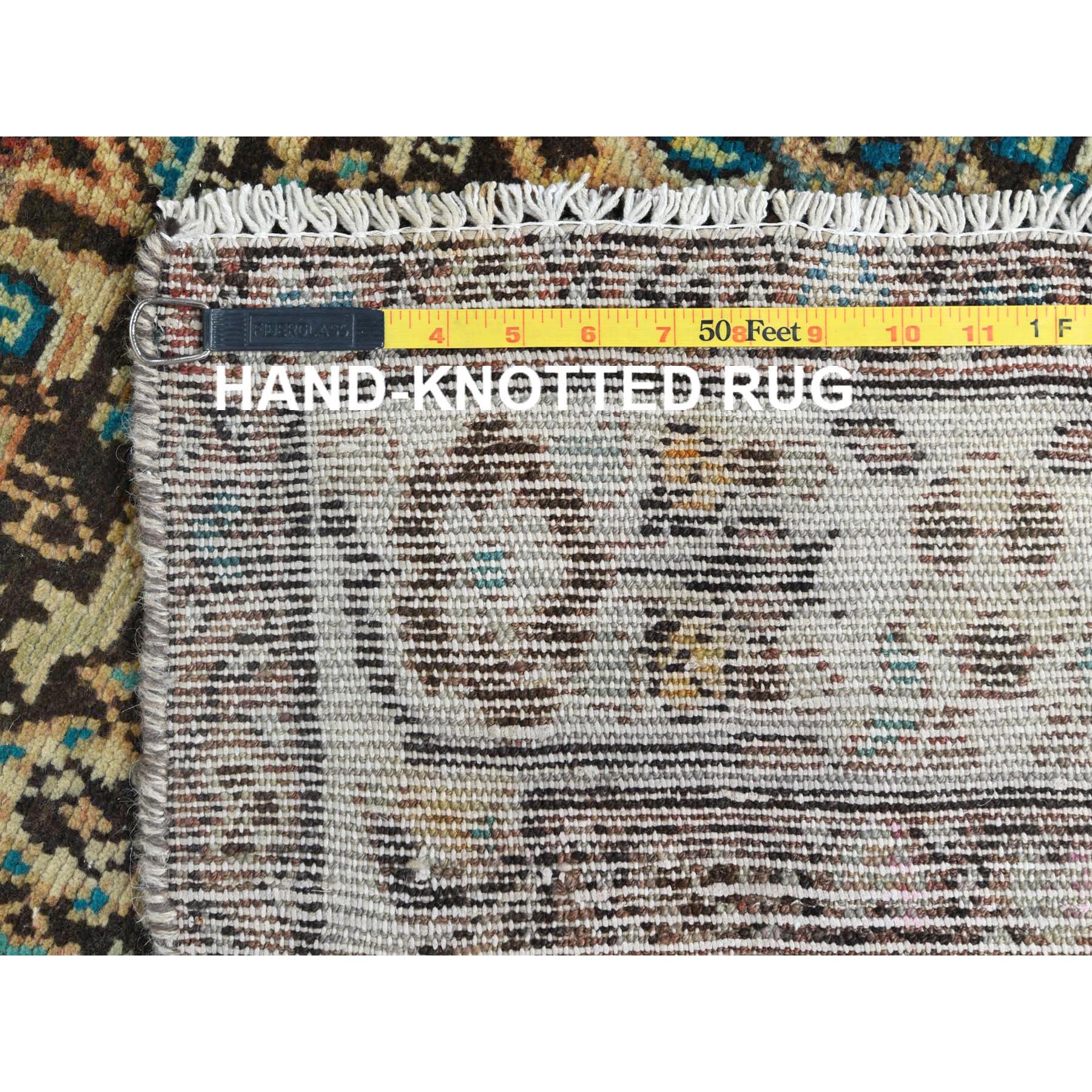 3'7"x9'10" Chocolate Brown, Worn Wool Hand Knotted Vintage Persian Hamadan with Fish Mahi All Over Design, Sheared Low Distressed Look, Wide Runner Oriental Rug Sh81073
