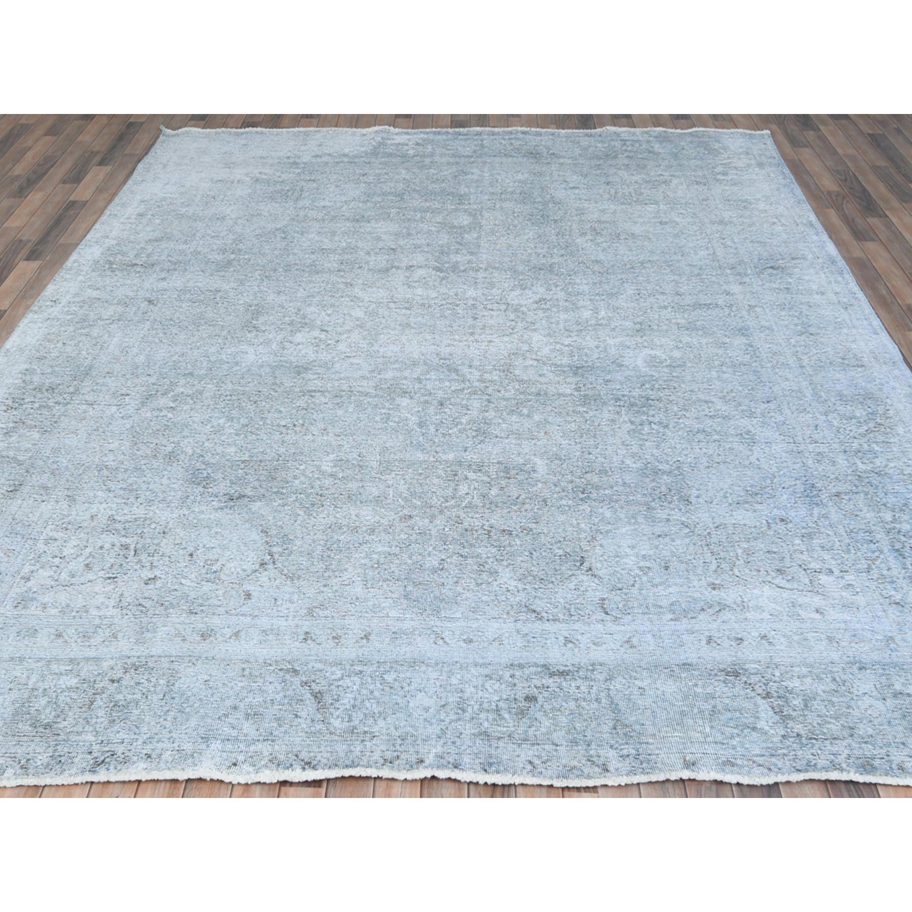 9'10"x12'2" Light Blue Shabby Chic Vintage Persian Tabriz Hand Knotted Worn Wool, Sheared Low Distressed Look Oriental Rug Sh81099