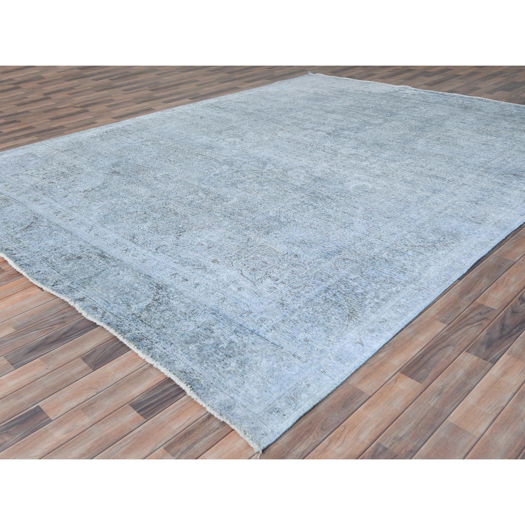 9'10"x12'2" Light Blue Shabby Chic Vintage Persian Tabriz Hand Knotted Worn Wool, Sheared Low Distressed Look Oriental Rug Sh81099