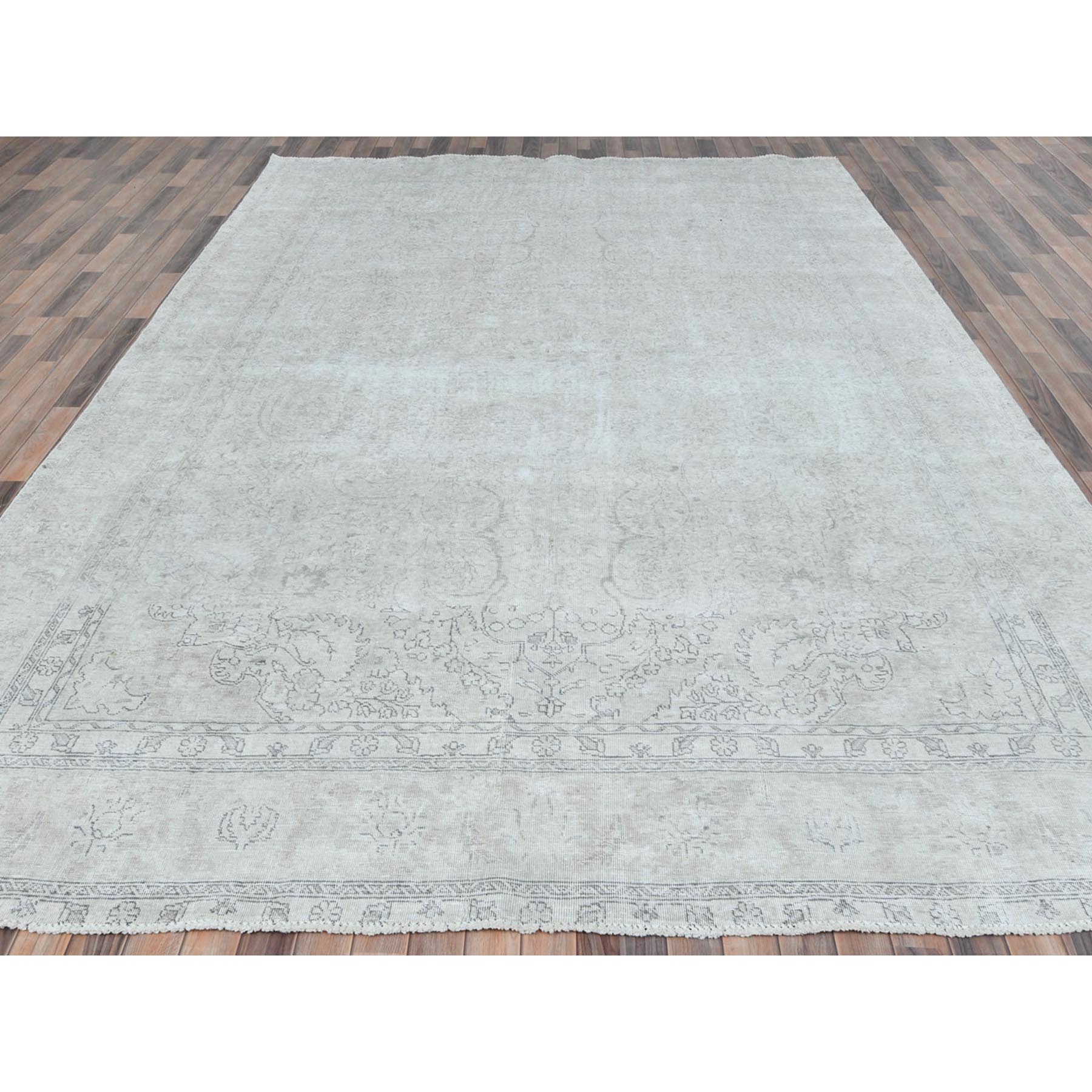 9'7"x13'2" Beige Hand Knotted Vintage Persian Tabriz Worn Wool, Sheared Low Distressed Look, Shabby Chic Oriental Rug Sh81125