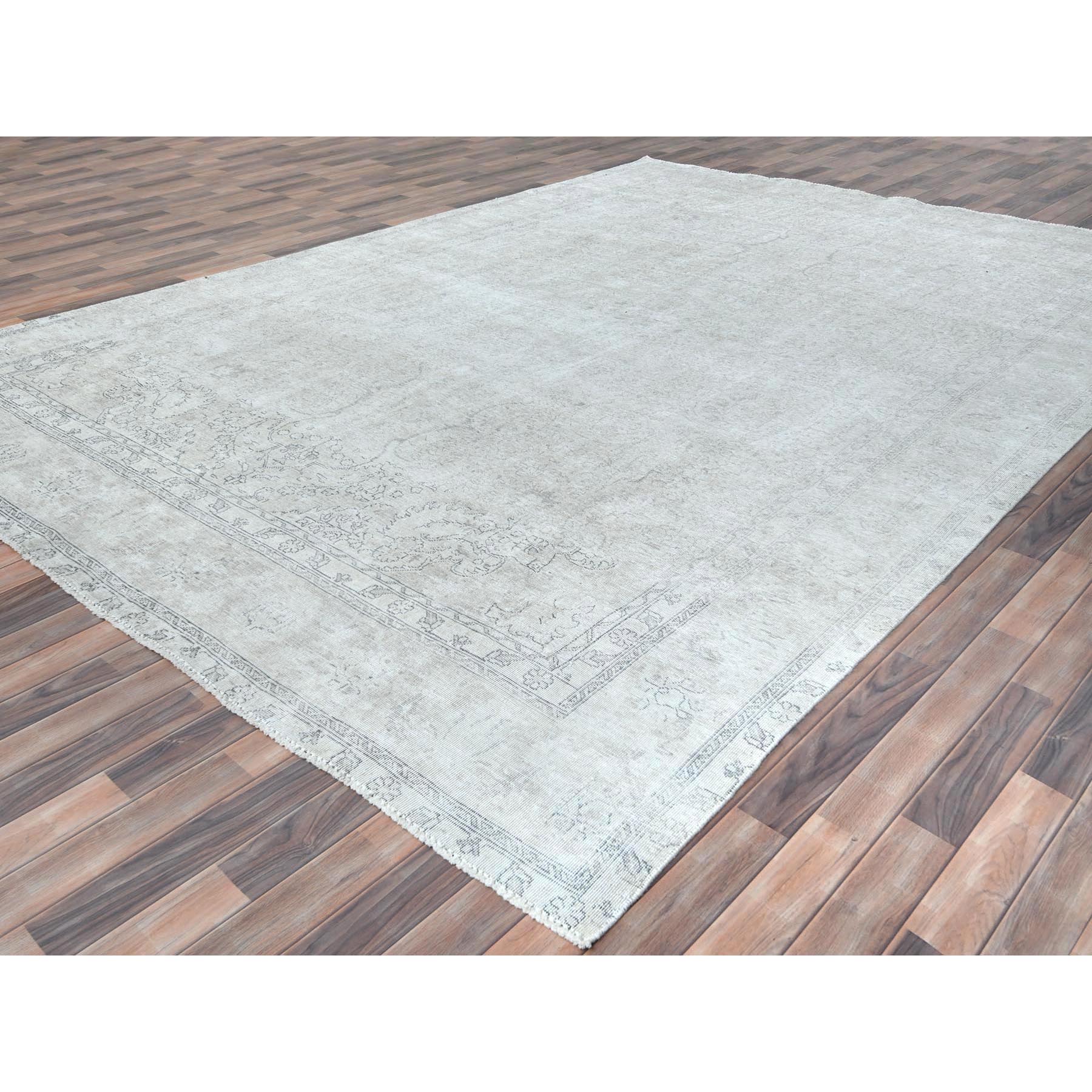 9'7"x13'2" Beige Hand Knotted Vintage Persian Tabriz Worn Wool, Sheared Low Distressed Look, Shabby Chic Oriental Rug Sh81125
