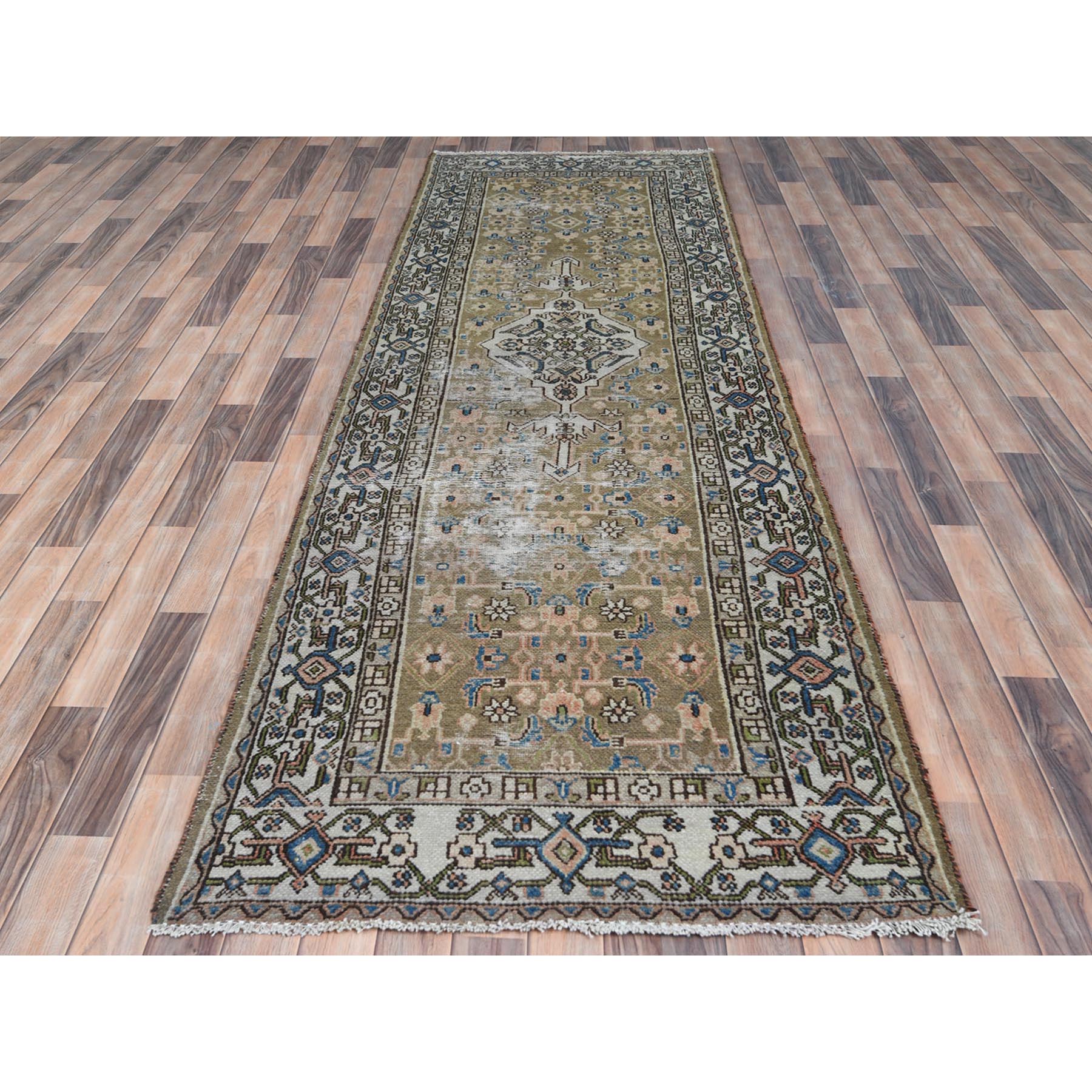 3'5"x10'6" Army Green, Worn Wool Hand Knotted Vintage Persian Hamadan with Fish Mahi Design, Cropped Thin Distressed Look, Wide Runner Oriental Rug Sh81132