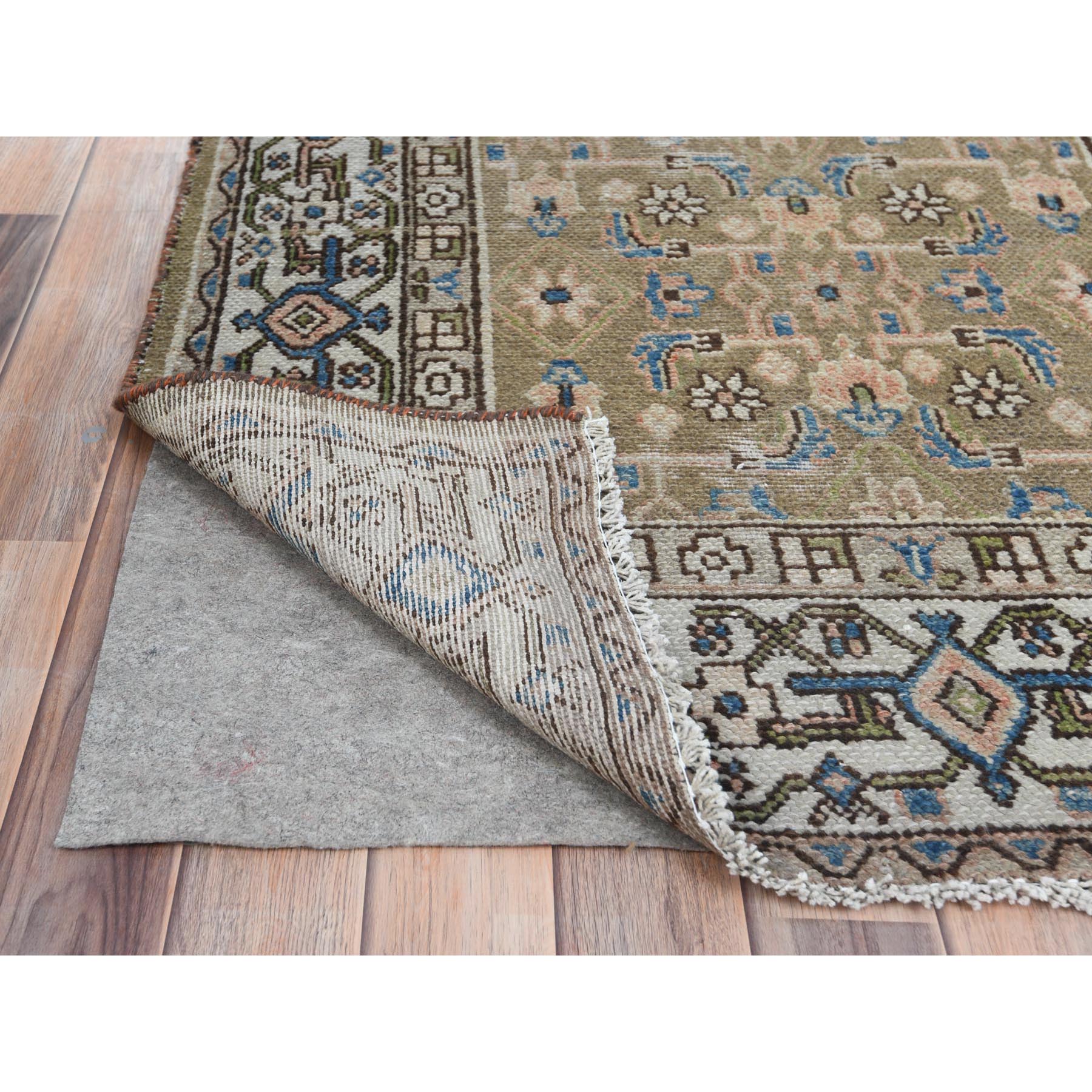 3'5"x10'6" Army Green, Worn Wool Hand Knotted Vintage Persian Hamadan with Fish Mahi Design, Cropped Thin Distressed Look, Wide Runner Oriental Rug Sh81132