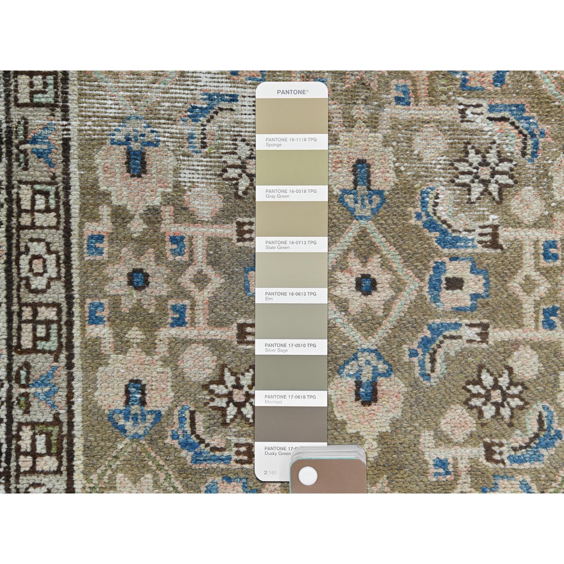 3'5"x10'6" Army Green, Worn Wool Hand Knotted Vintage Persian Hamadan with Fish Mahi Design, Cropped Thin Distressed Look, Wide Runner Oriental Rug Sh81132