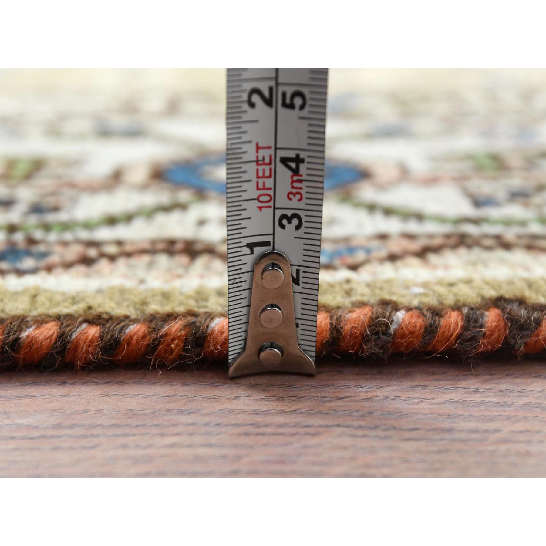 3'5"x10'6" Army Green, Worn Wool Hand Knotted Vintage Persian Hamadan with Fish Mahi Design, Cropped Thin Distressed Look, Wide Runner Oriental Rug Sh81132