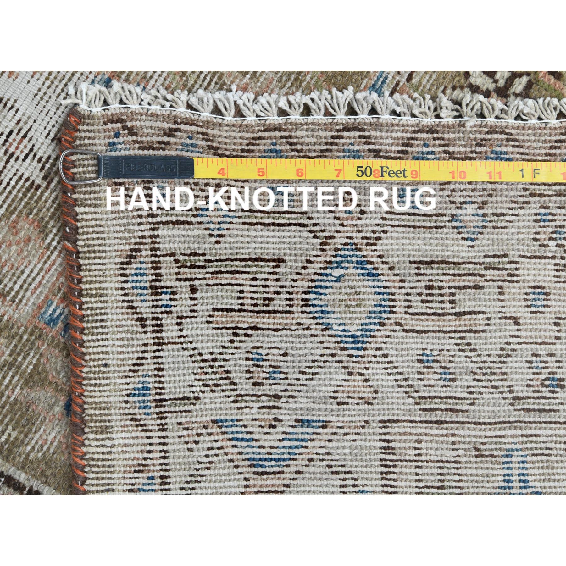 3'5"x10'6" Army Green, Worn Wool Hand Knotted Vintage Persian Hamadan with Fish Mahi Design, Cropped Thin Distressed Look, Wide Runner Oriental Rug Sh81132