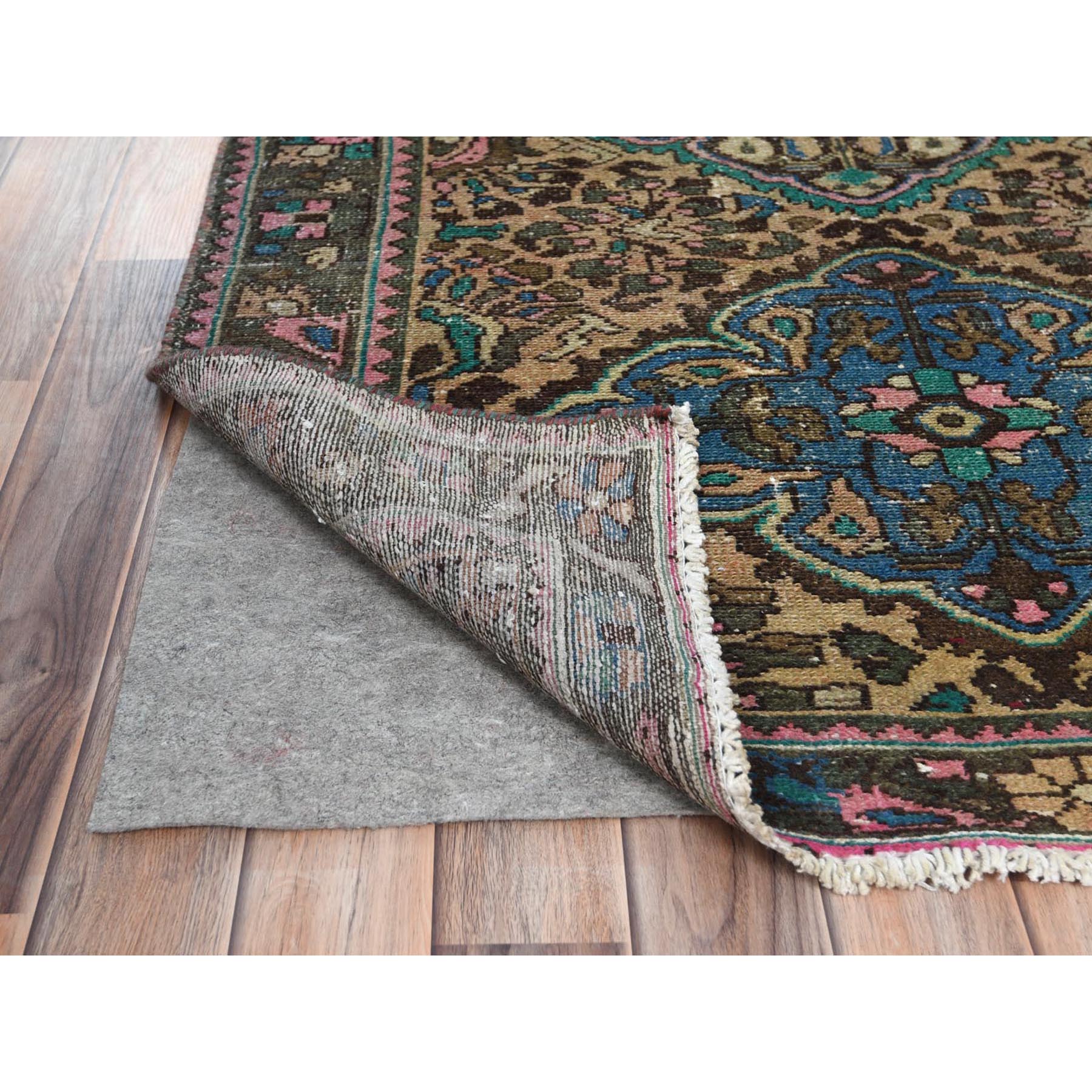 3'6"x9'7" Green with Touches of Pink, Distressed Look Worn Wool Hand Knotted, Vintage Persian Bakhtiar Cropped Thin, Wide Runner Oriental Rug Sh81142