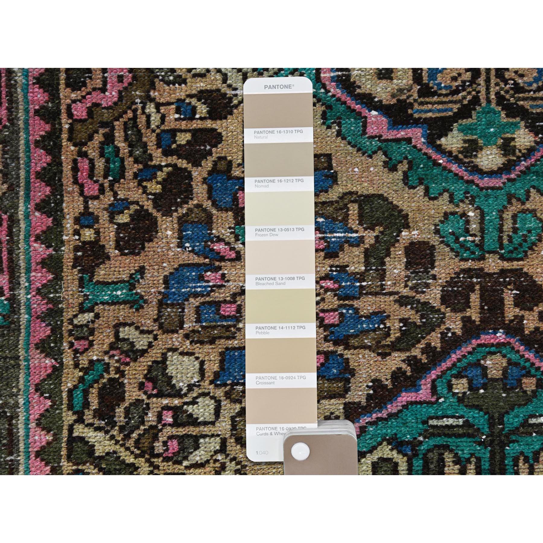 3'6"x9'7" Green with Touches of Pink, Distressed Look Worn Wool Hand Knotted, Vintage Persian Bakhtiar Cropped Thin, Wide Runner Oriental Rug Sh81142