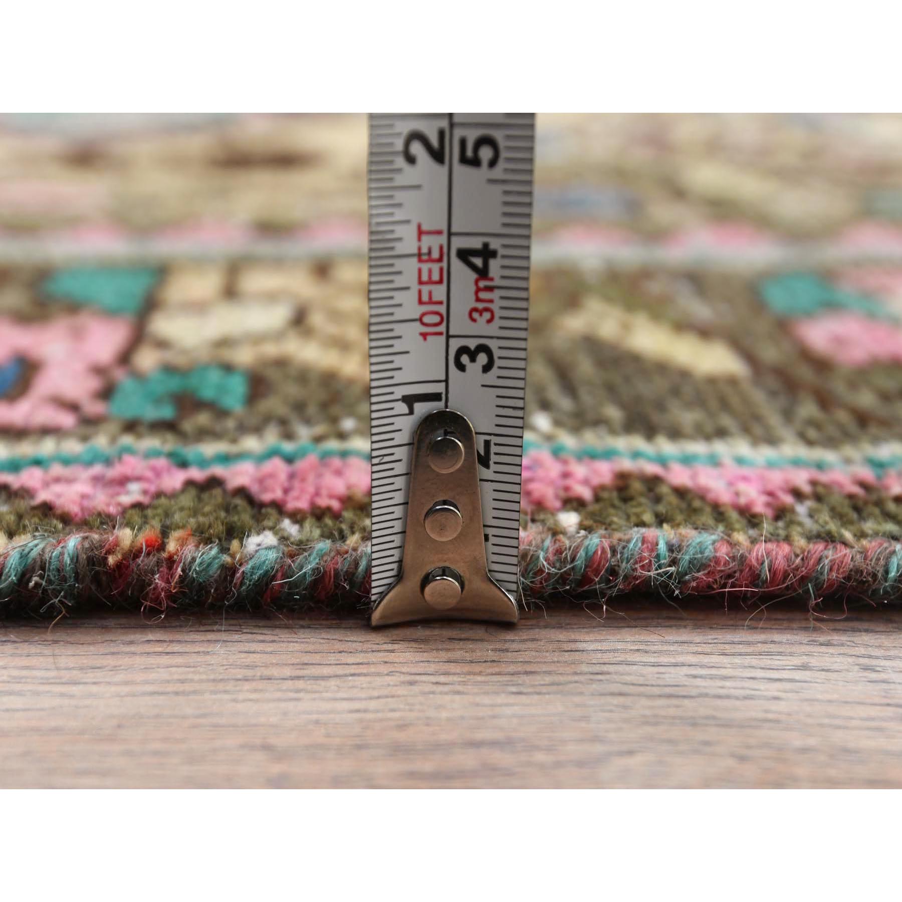 3'6"x9'7" Green with Touches of Pink, Distressed Look Worn Wool Hand Knotted, Vintage Persian Bakhtiar Cropped Thin, Wide Runner Oriental Rug Sh81142