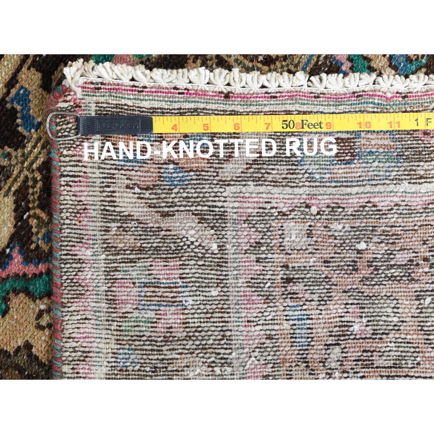 3'6"x9'7" Green with Touches of Pink, Distressed Look Worn Wool Hand Knotted, Vintage Persian Bakhtiar Cropped Thin, Wide Runner Oriental Rug Sh81142