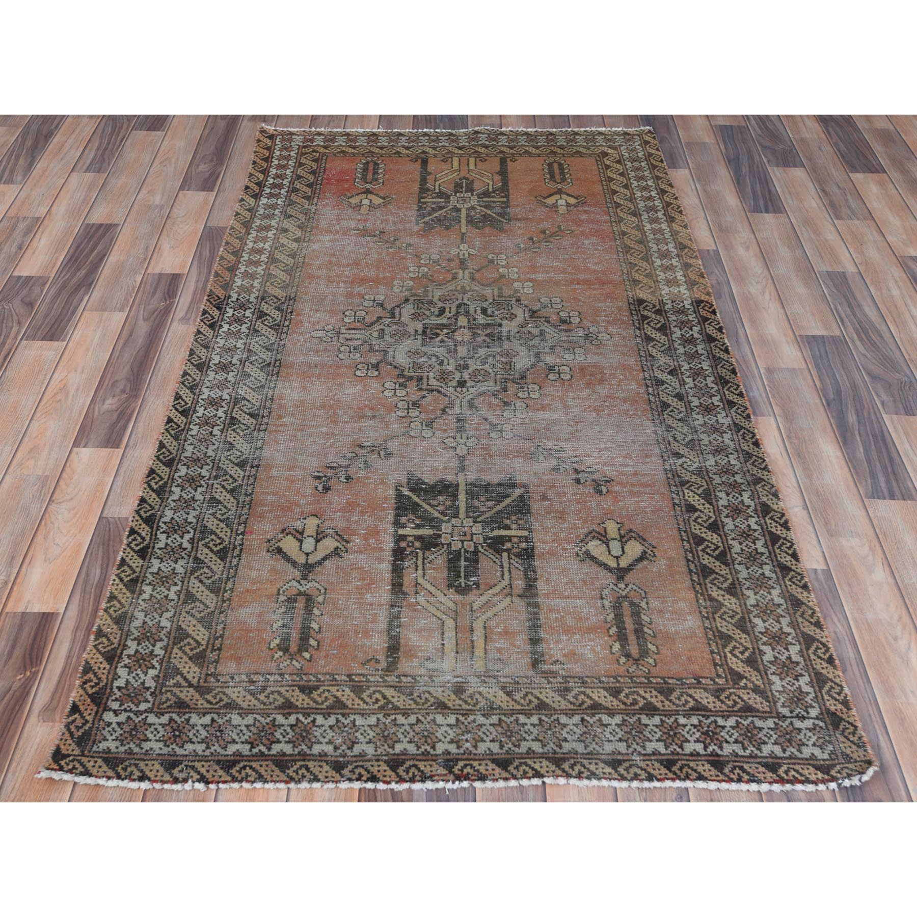 3'7"x6'6" Brick Red, Worn Wool Hand Knotted, Vintage Persian Baluch Sheared Low Distressed Look, Oriental Rug Sh81155