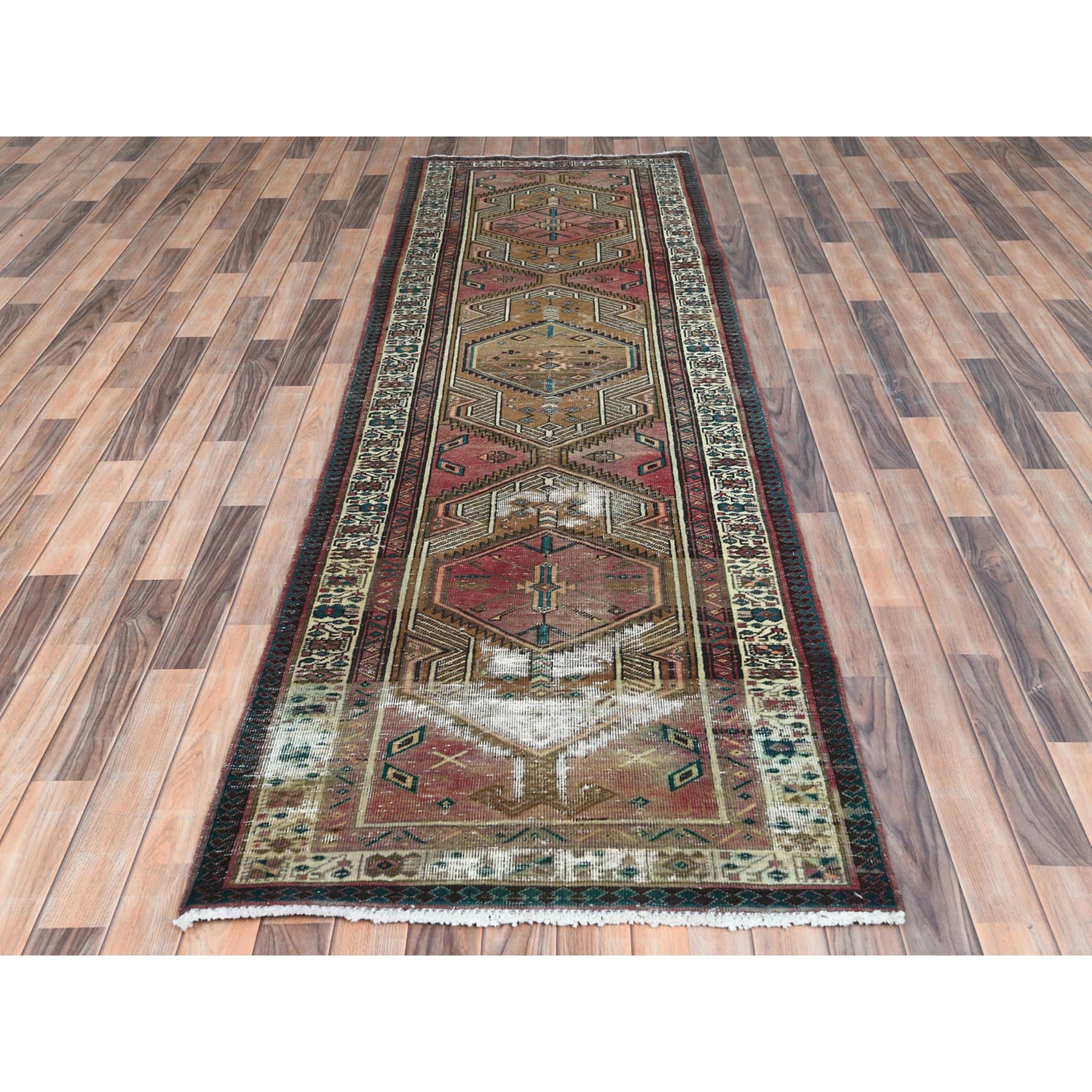 3'1"x10'1" Rich Red, Worn Wool Hand Knotted, Vintage Persian Serab Cropped Thin Distressed Look, Runner Oriental Rug Sh81186