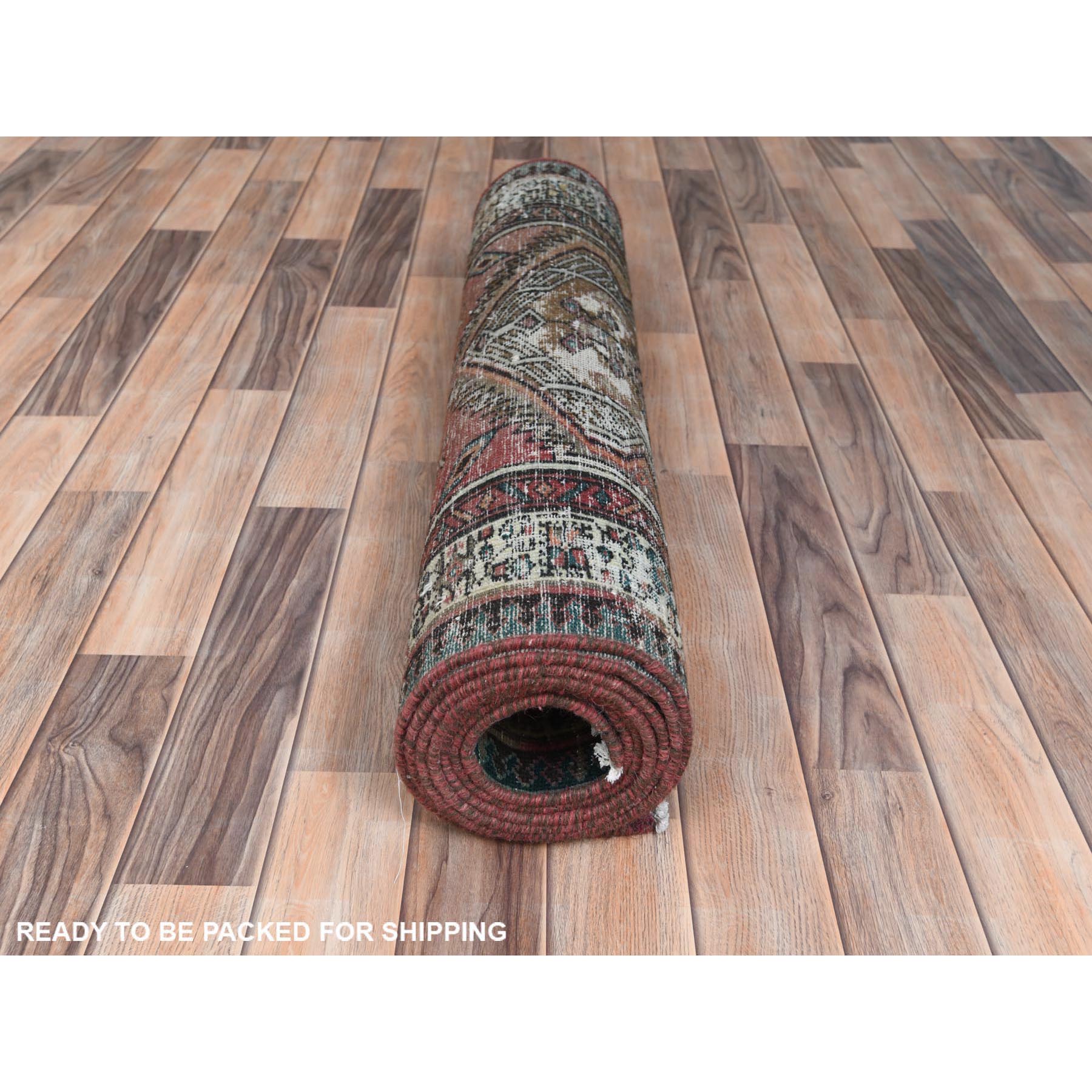 3'1"x10'1" Rich Red, Worn Wool Hand Knotted, Vintage Persian Serab Cropped Thin Distressed Look, Runner Oriental Rug Sh81186