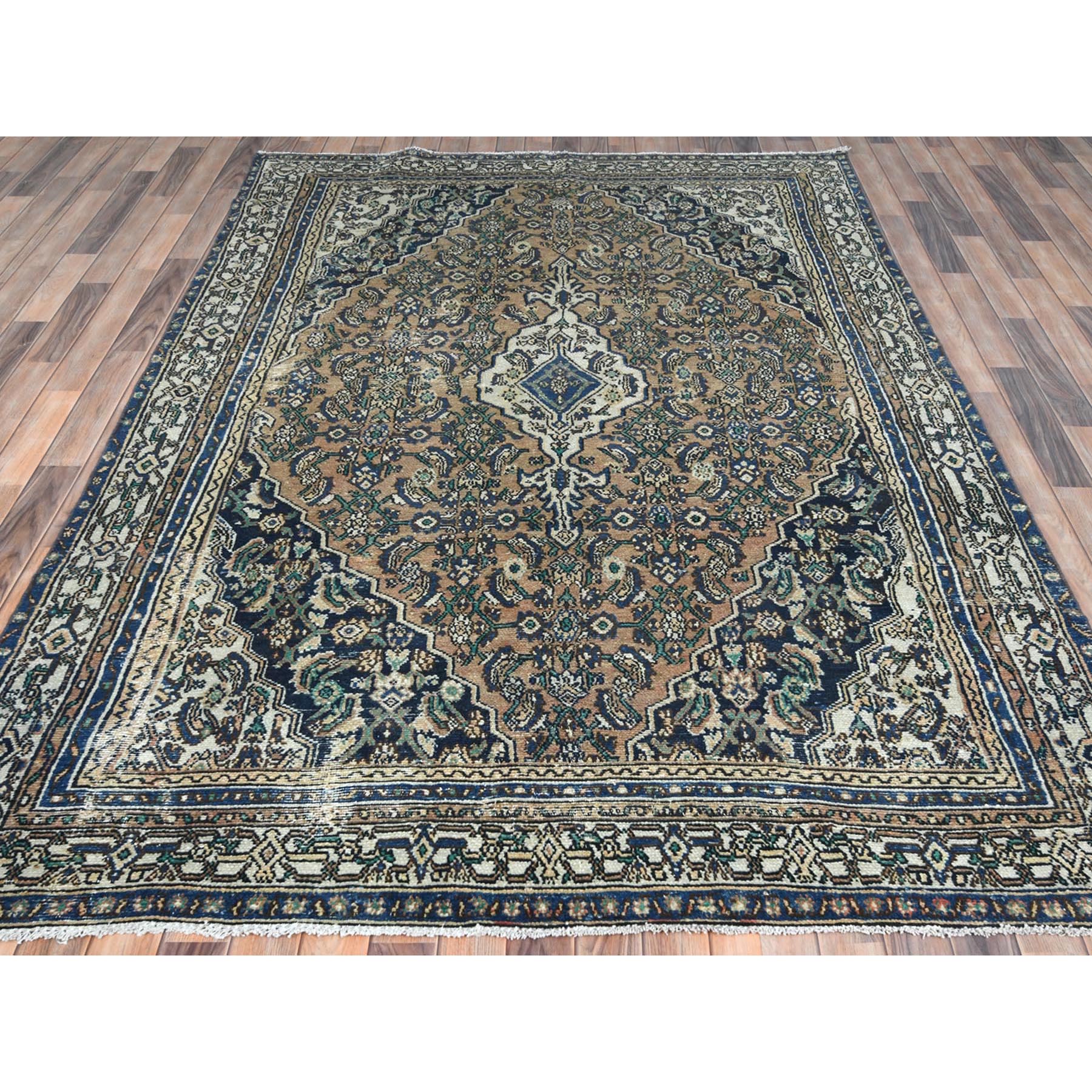 6'6"x9'6" Brown, Vintage Persian Hamadan Cropped Thin, Distressed Look Worn Wool Hand Knotted, Oriental Rug Sh81194