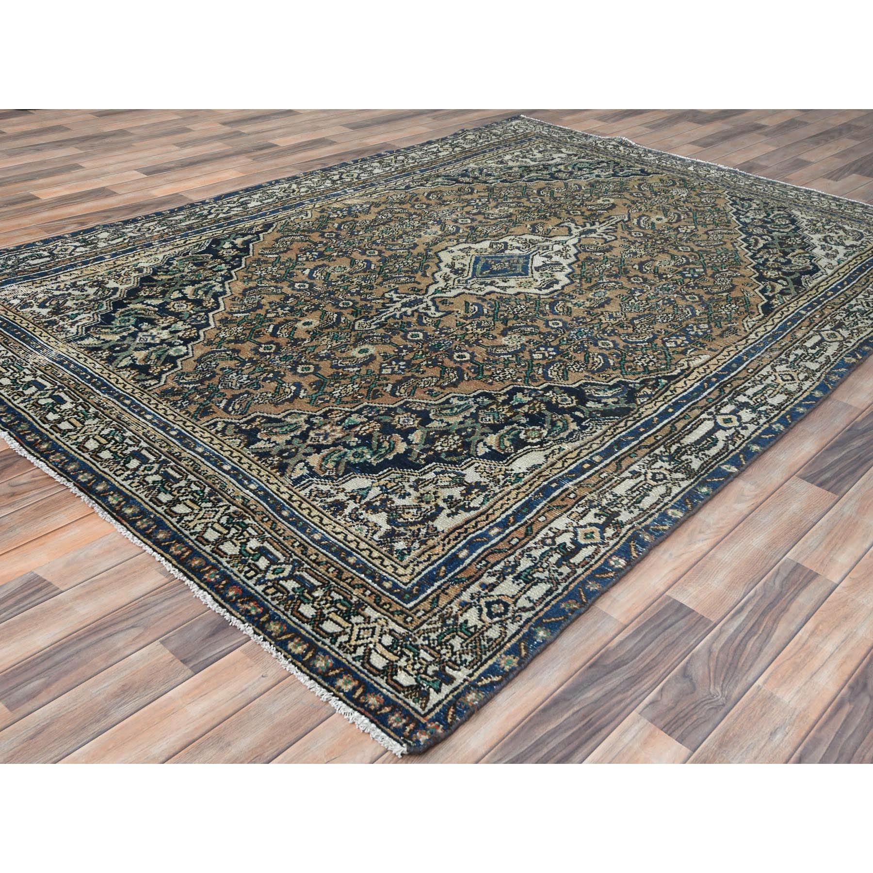 6'6"x9'6" Brown, Vintage Persian Hamadan Cropped Thin, Distressed Look Worn Wool Hand Knotted, Oriental Rug Sh81194