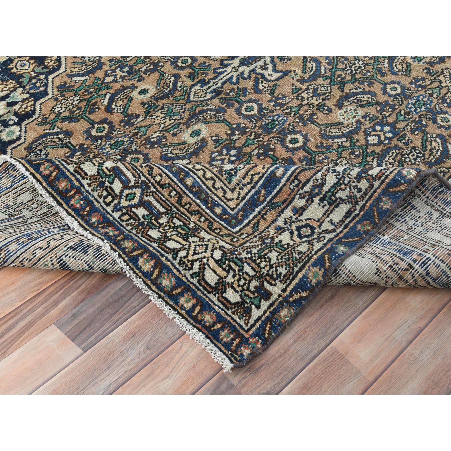 6'6"x9'6" Brown, Vintage Persian Hamadan Cropped Thin, Distressed Look Worn Wool Hand Knotted, Oriental Rug Sh81194