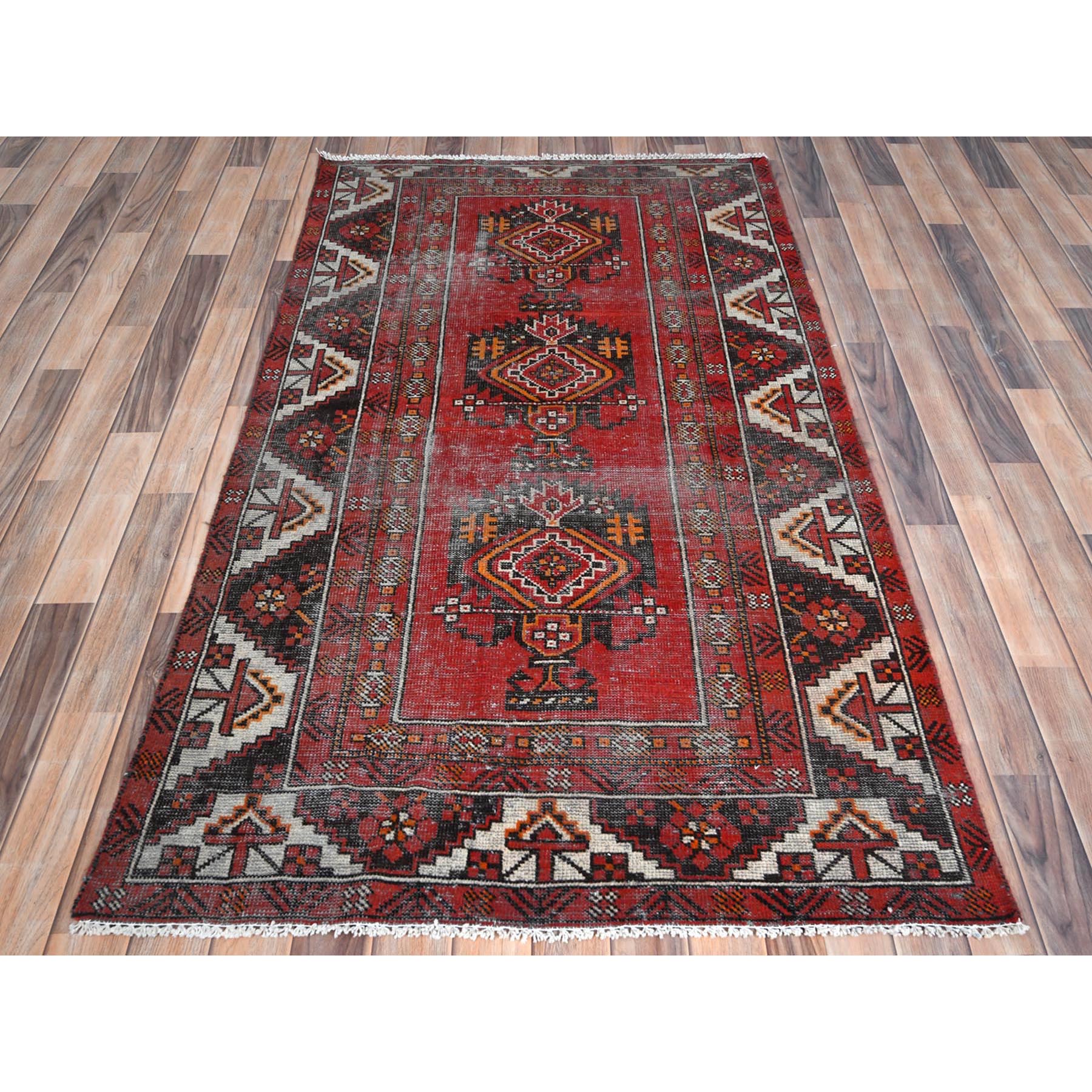 3'9"x6'4" Tomato Red, Hand Knotted Vintage Persian Baluch, Cropped Thin Distressed Look Worn Wool, Oriental Rug Sh81210