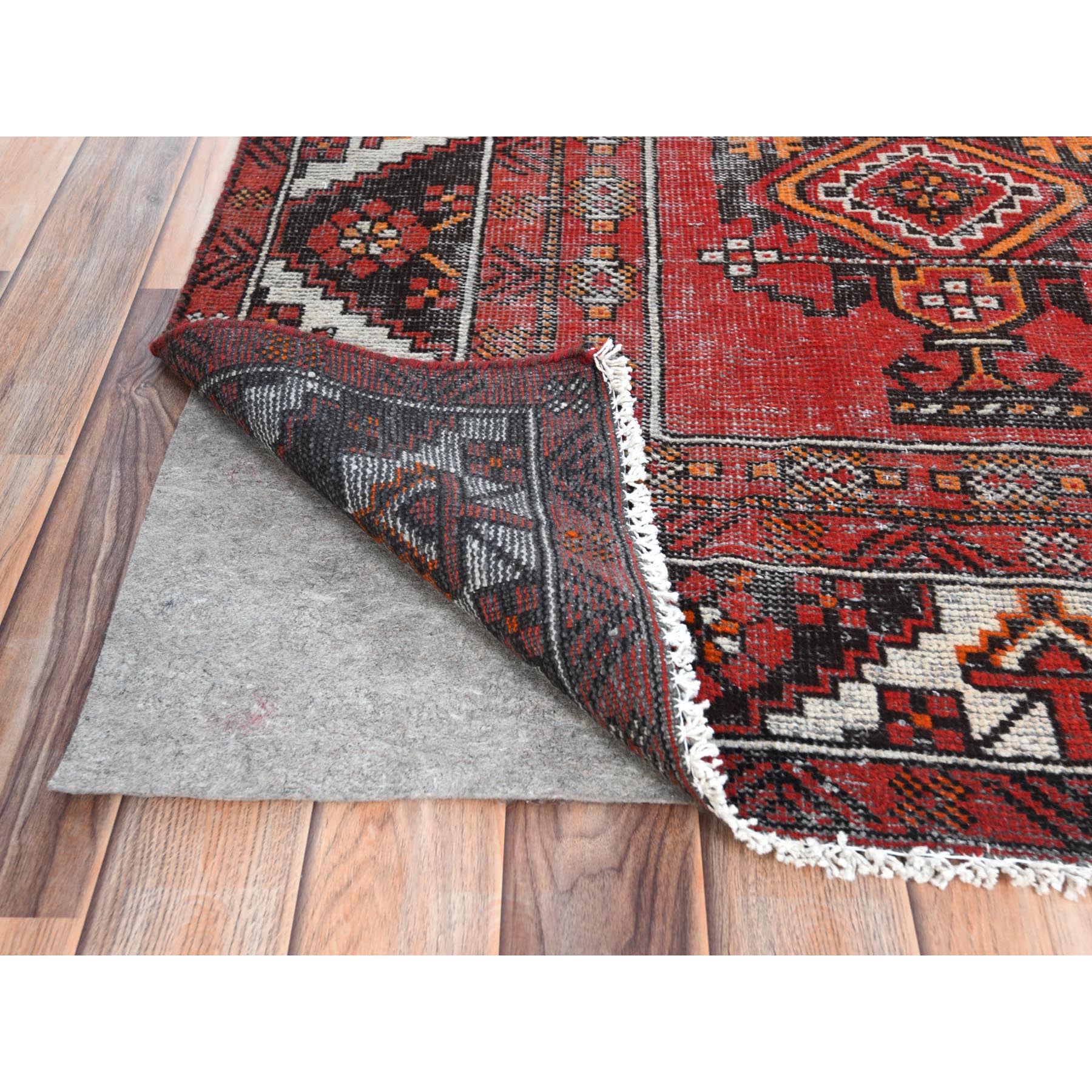 3'9"x6'4" Tomato Red, Hand Knotted Vintage Persian Baluch, Cropped Thin Distressed Look Worn Wool, Oriental Rug Sh81210