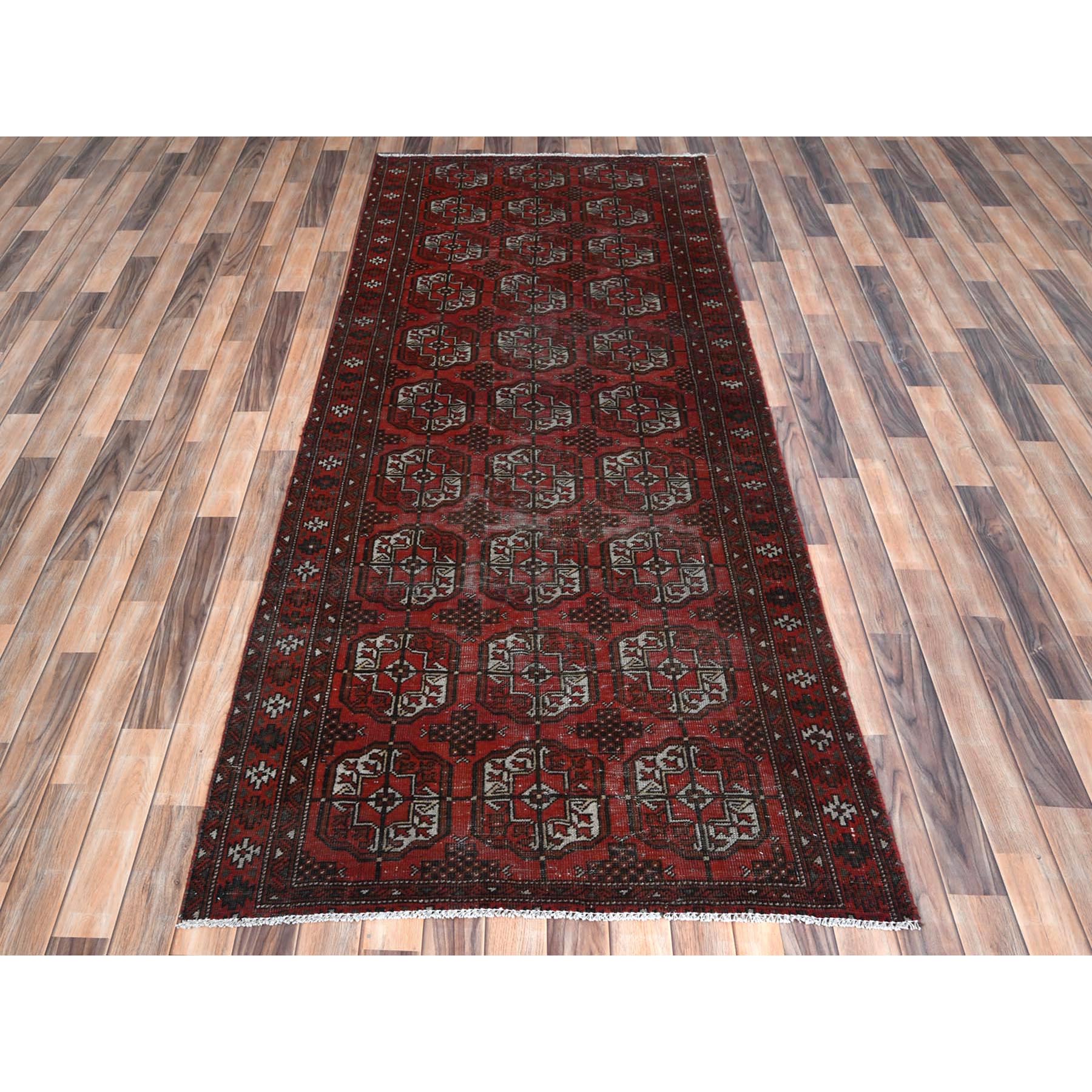3'9"x9'2" Tomato Red, Distressed Look Worn Wool Hand Knotted, Vintage Persian Turkaman with Elephant Feet Design Cropped Thin, Wide Runner Oriental Rug Sh81212