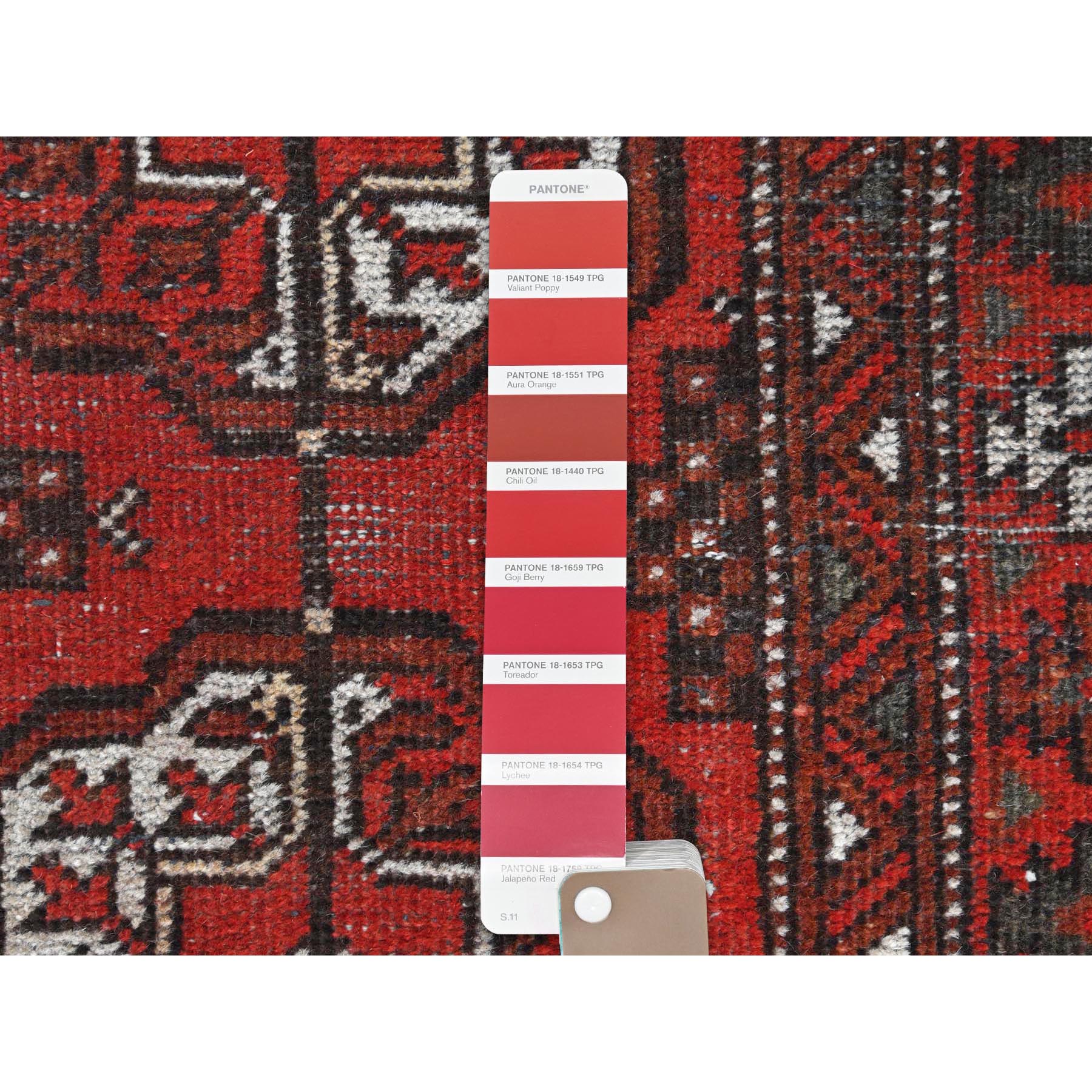 3'9"x9'2" Tomato Red, Distressed Look Worn Wool Hand Knotted, Vintage Persian Turkaman with Elephant Feet Design Cropped Thin, Wide Runner Oriental Rug Sh81212