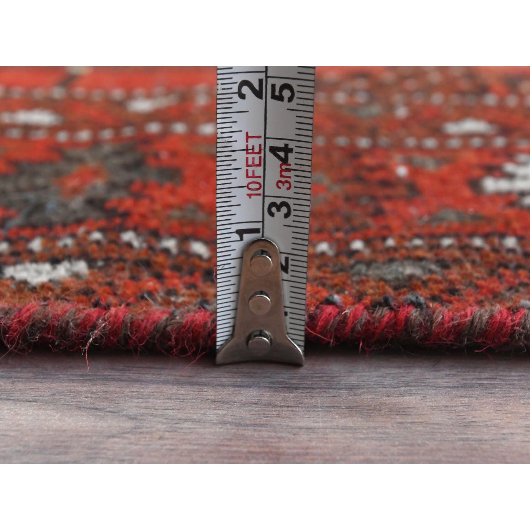 3'9"x9'2" Tomato Red, Distressed Look Worn Wool Hand Knotted, Vintage Persian Turkaman with Elephant Feet Design Cropped Thin, Wide Runner Oriental Rug Sh81212