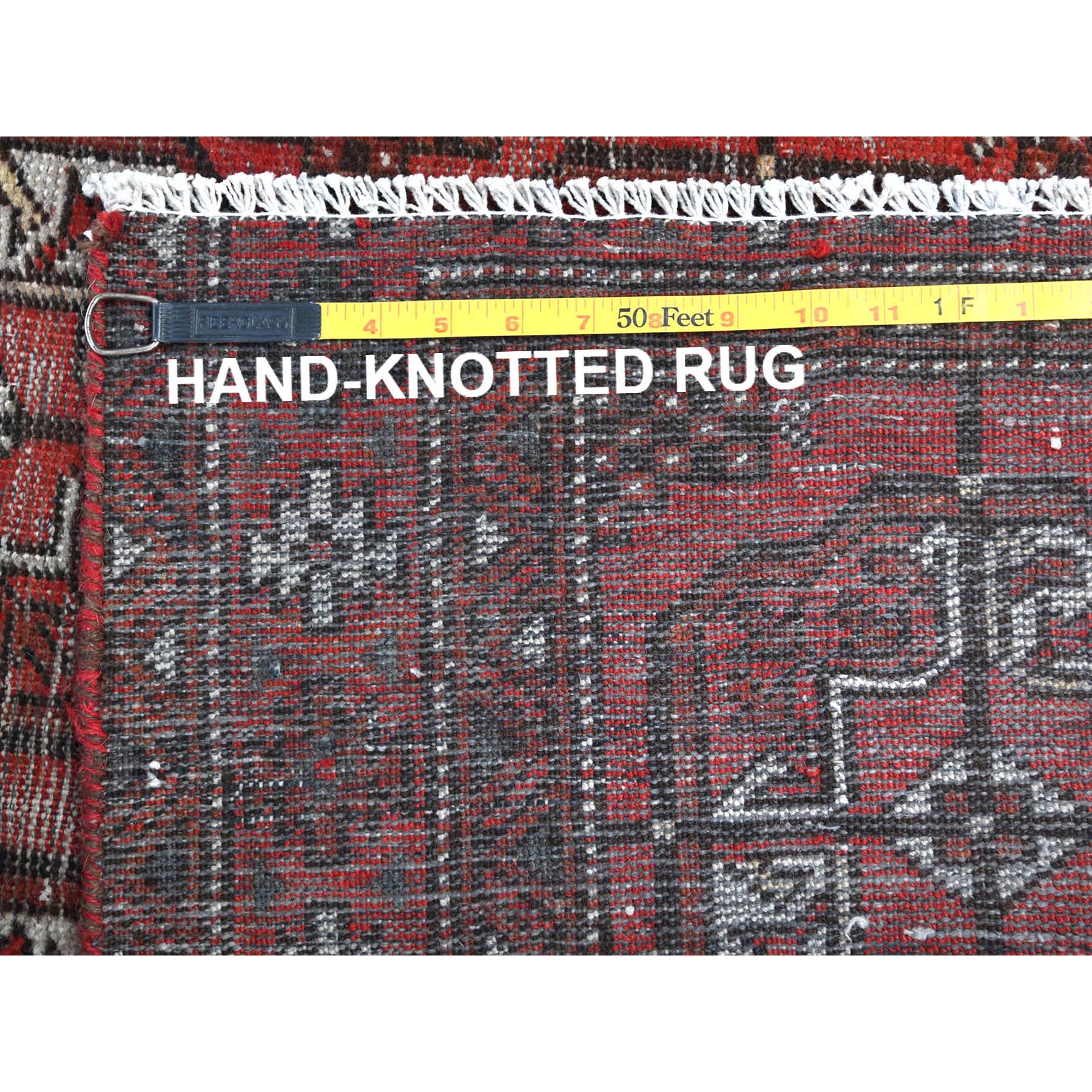 3'9"x9'2" Tomato Red, Distressed Look Worn Wool Hand Knotted, Vintage Persian Turkaman with Elephant Feet Design Cropped Thin, Wide Runner Oriental Rug Sh81212