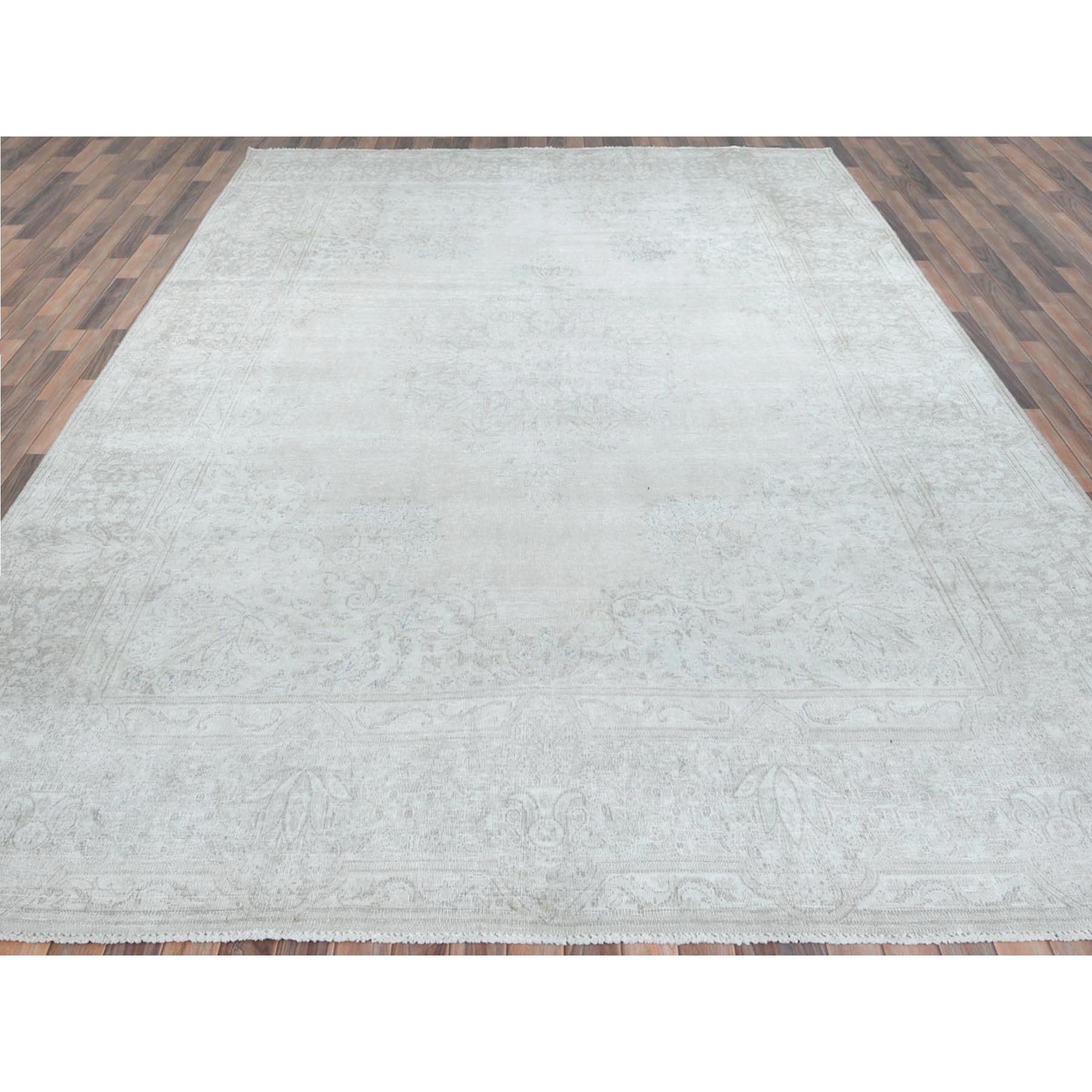 9'7"x12'6" Ivory Hand Knotted Cropped Thin, Worn Wool, Distressed Look Old Persian Kerman Oriental Rug Sh81247