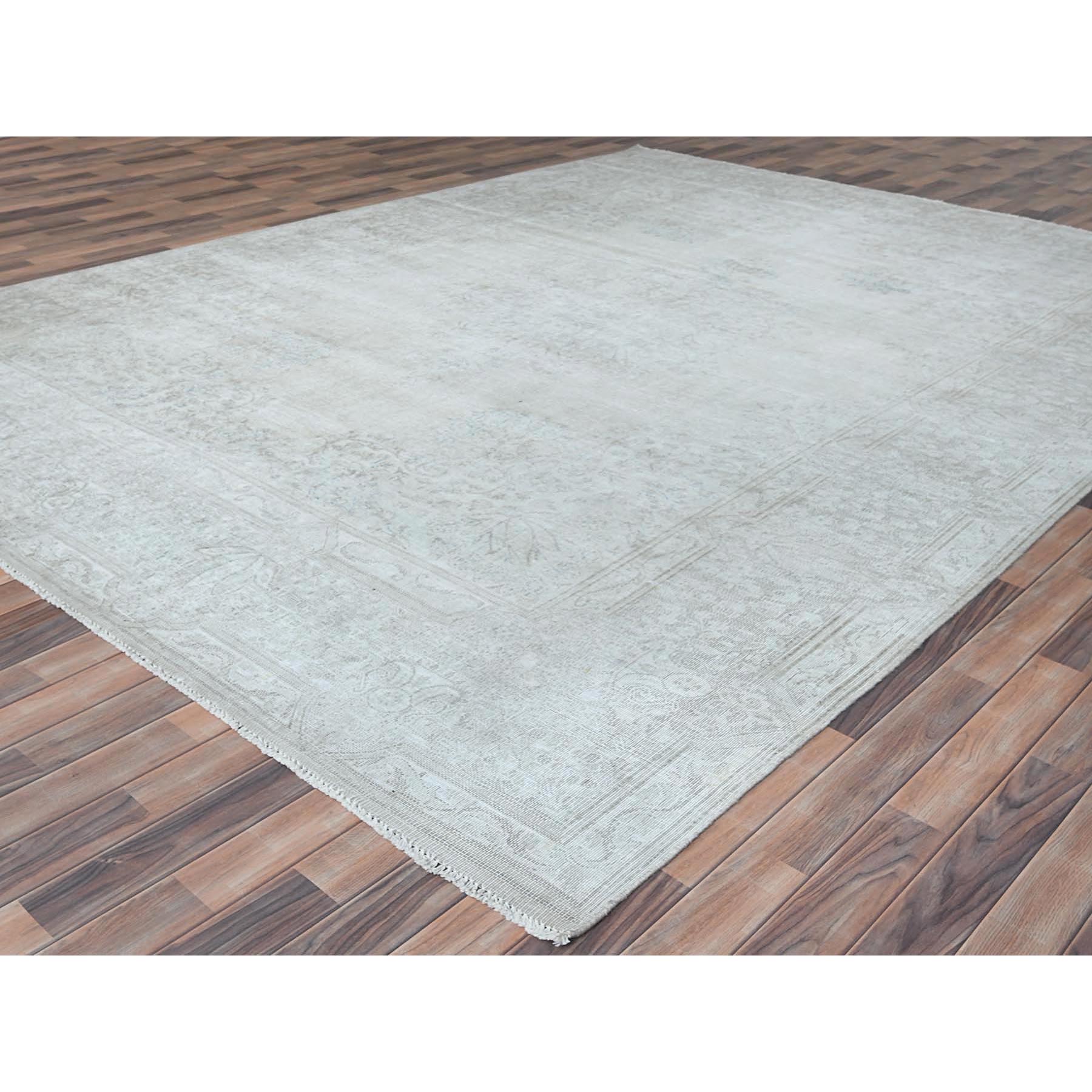 9'7"x12'6" Ivory Hand Knotted Cropped Thin, Worn Wool, Distressed Look Old Persian Kerman Oriental Rug Sh81247