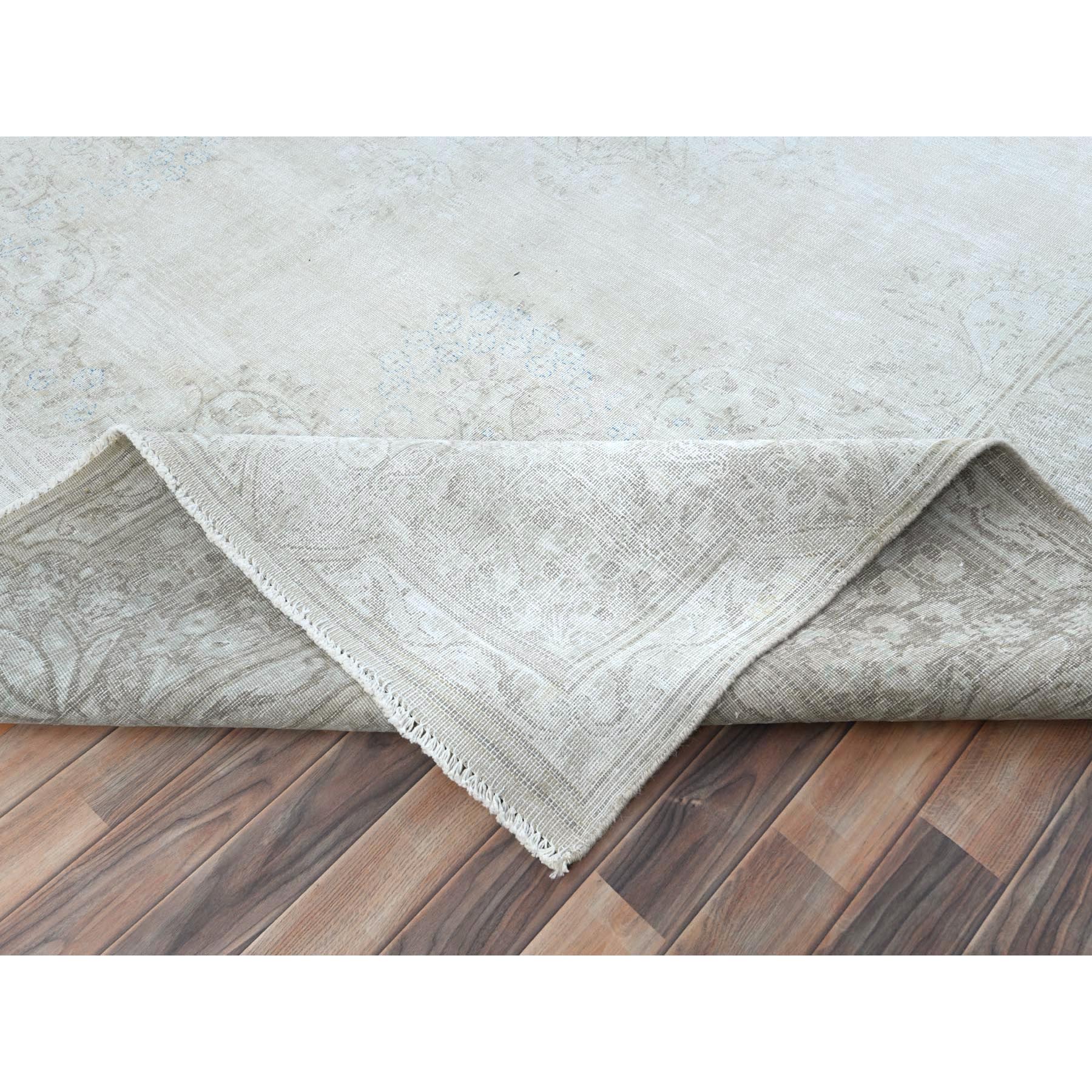 9'7"x12'6" Ivory Hand Knotted Cropped Thin, Worn Wool, Distressed Look Old Persian Kerman Oriental Rug Sh81247