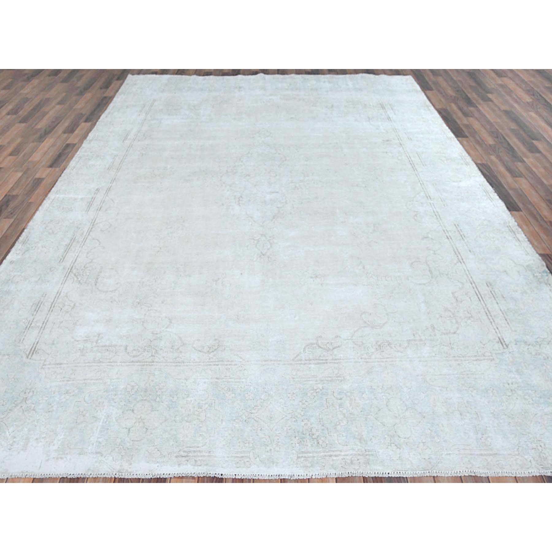 9'8"x12'10" Beige Hand Knotted Worn Wool, Cropped Thin Distressed Look Vintage Persian Kerman Oriental Rug Sh81248