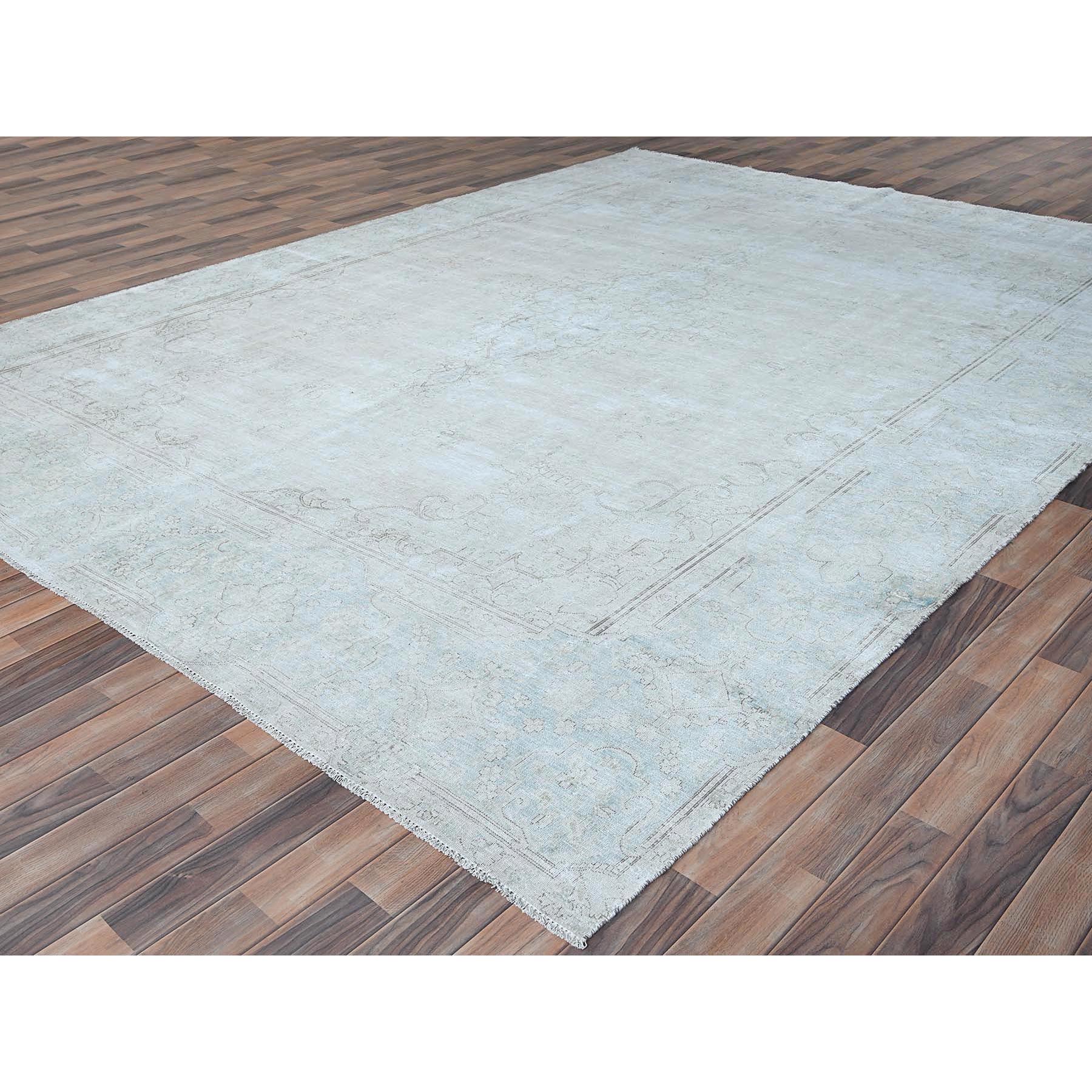 9'8"x12'10" Beige Hand Knotted Worn Wool, Cropped Thin Distressed Look Vintage Persian Kerman Oriental Rug Sh81248