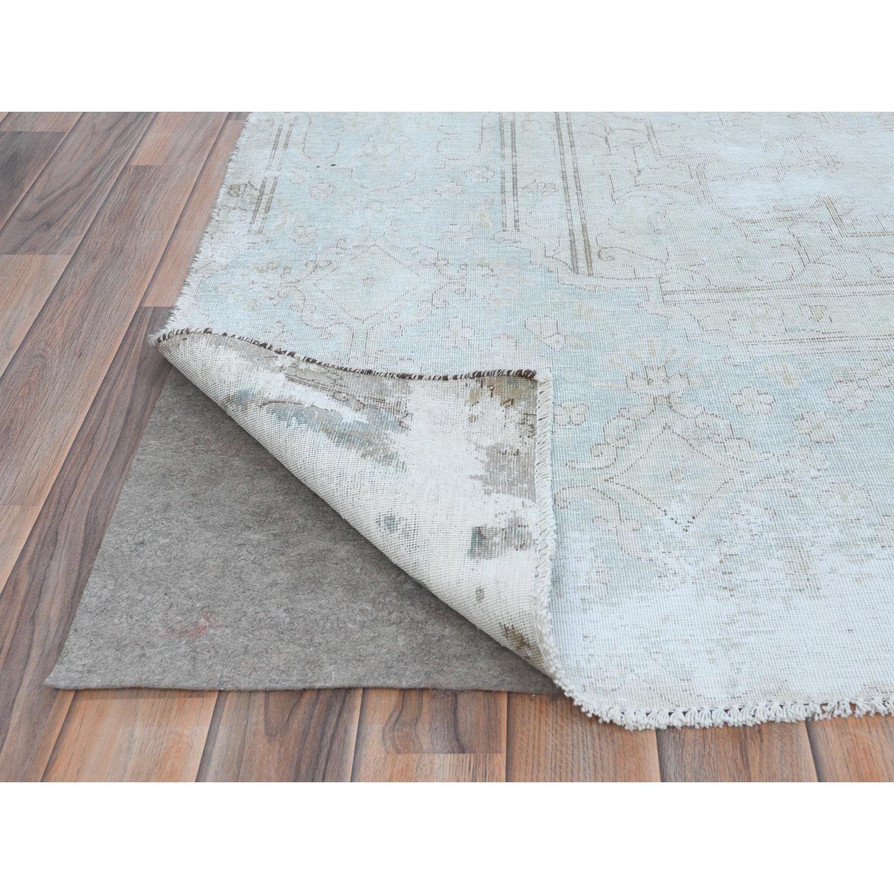 9'8"x12'10" Beige Hand Knotted Worn Wool, Cropped Thin Distressed Look Vintage Persian Kerman Oriental Rug Sh81248