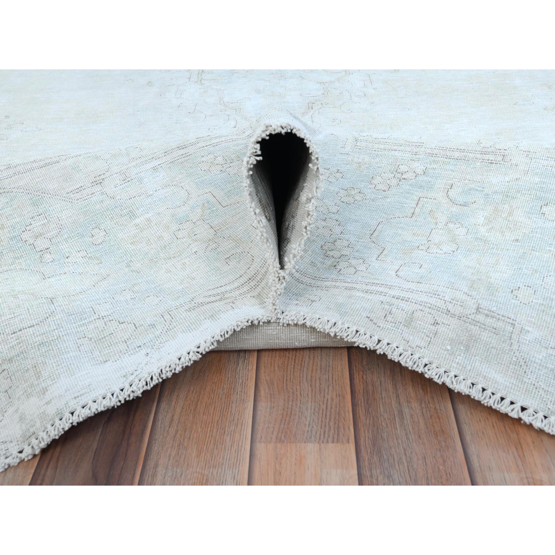 9'8"x12'10" Beige Hand Knotted Worn Wool, Cropped Thin Distressed Look Vintage Persian Kerman Oriental Rug Sh81248