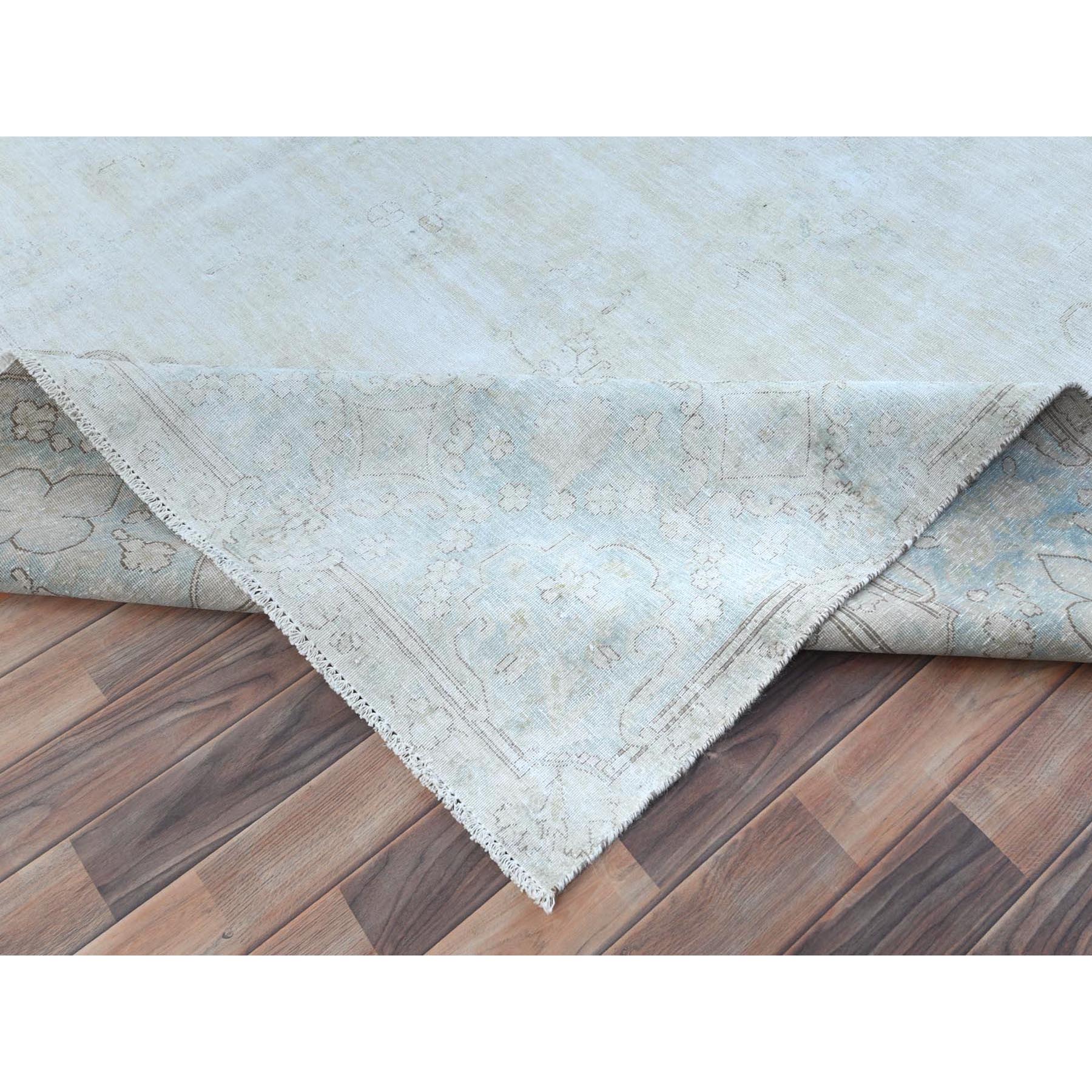 9'8"x12'10" Beige Hand Knotted Worn Wool, Cropped Thin Distressed Look Vintage Persian Kerman Oriental Rug Sh81248