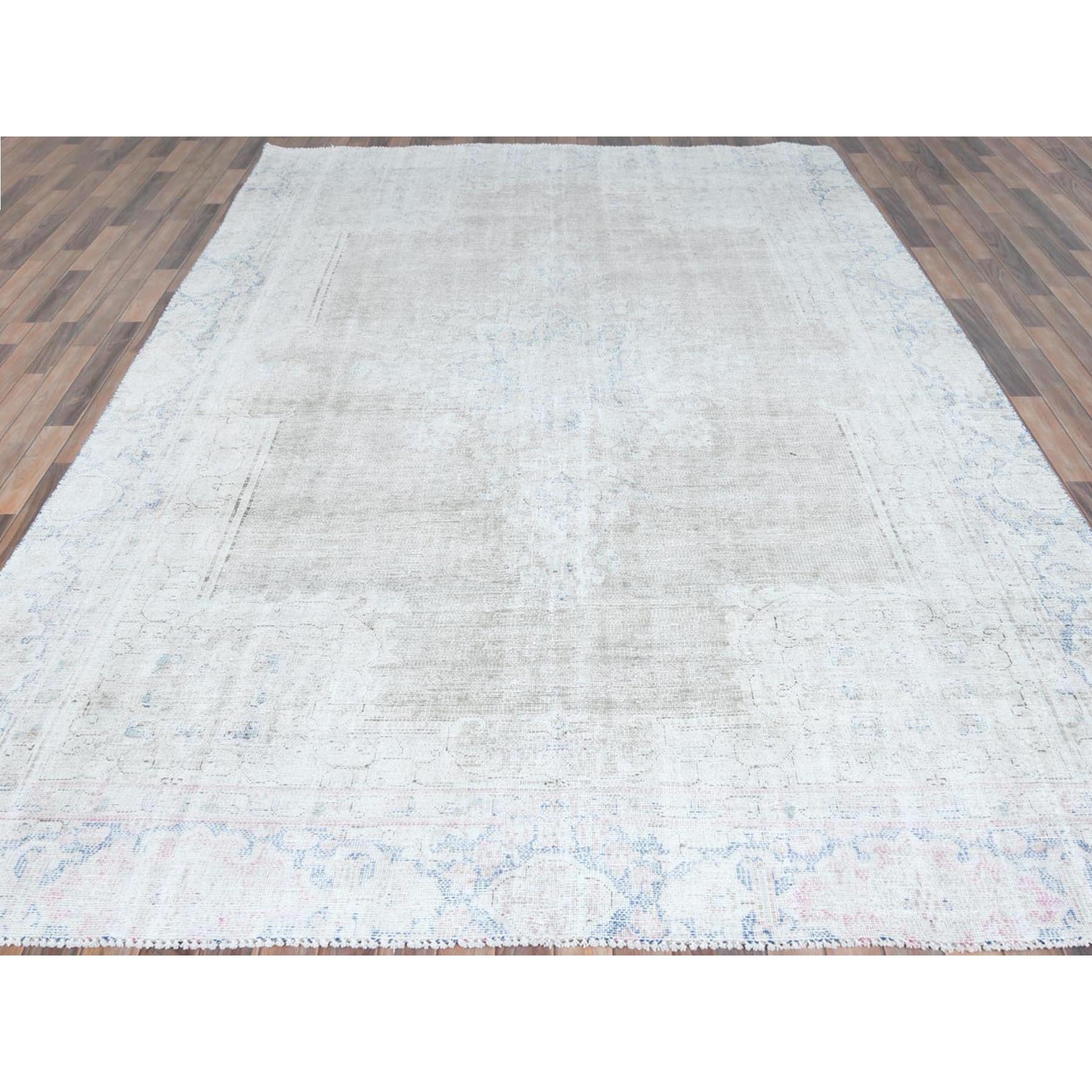 8'7"x12' Beige Hand Knotted Worn Wool, Cropped Thin, Distressed Look Vintage Persian Kerman Oriental Rug Sh81249