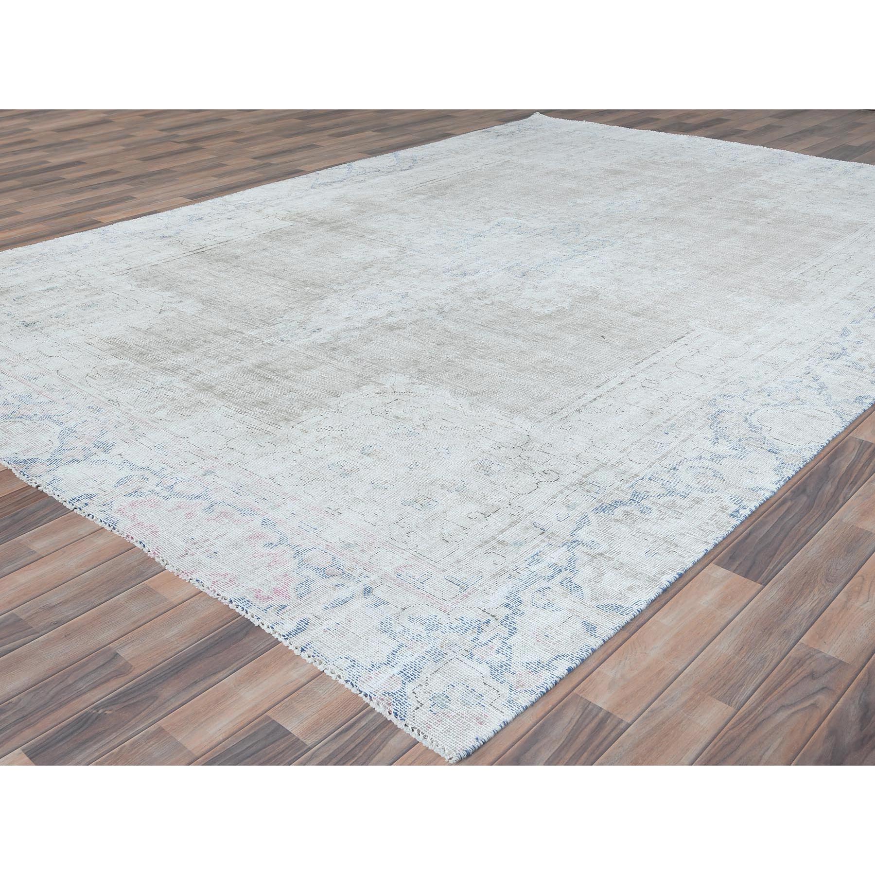 8'7"x12' Beige Hand Knotted Worn Wool, Cropped Thin, Distressed Look Vintage Persian Kerman Oriental Rug Sh81249