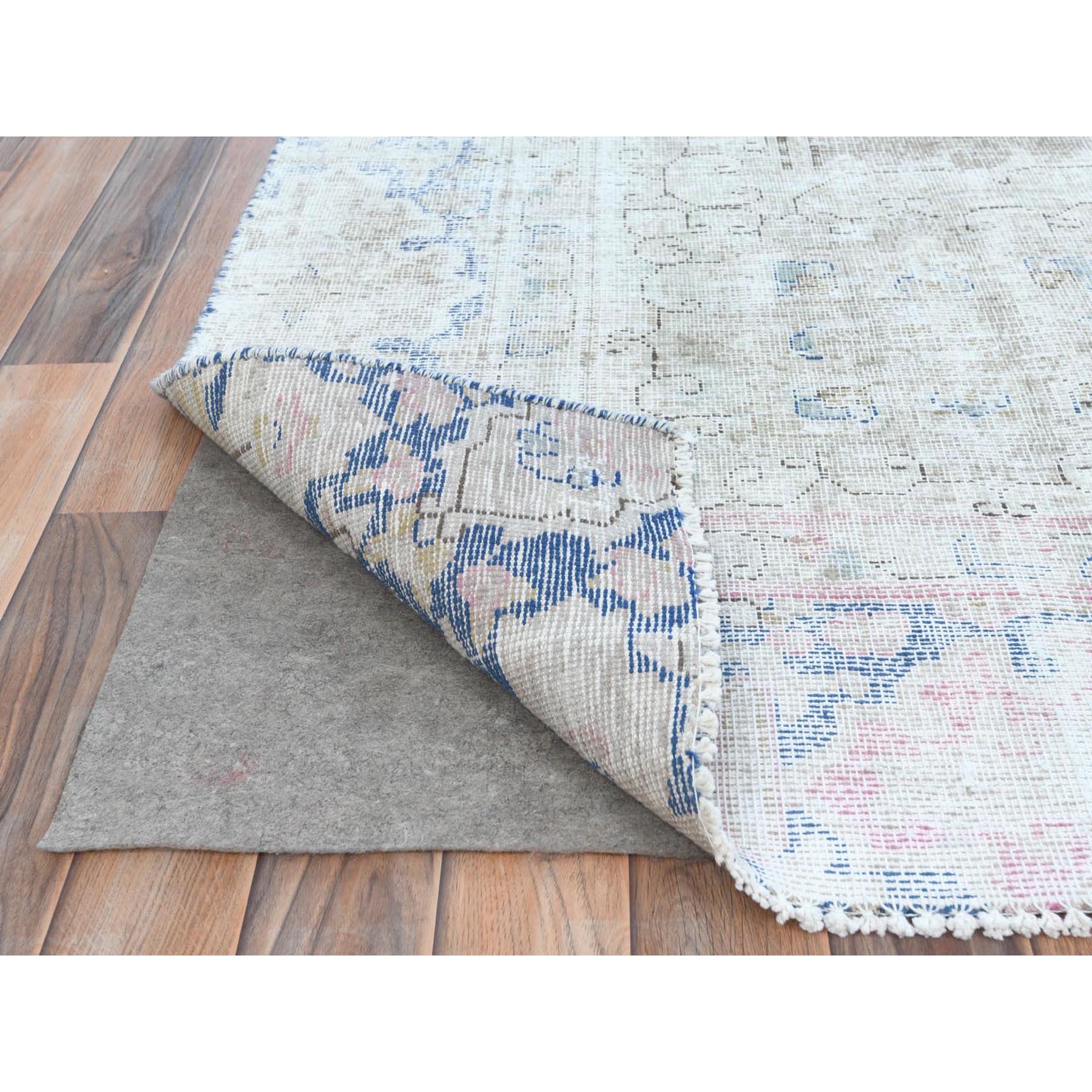 8'7"x12' Beige Hand Knotted Worn Wool, Cropped Thin, Distressed Look Vintage Persian Kerman Oriental Rug Sh81249
