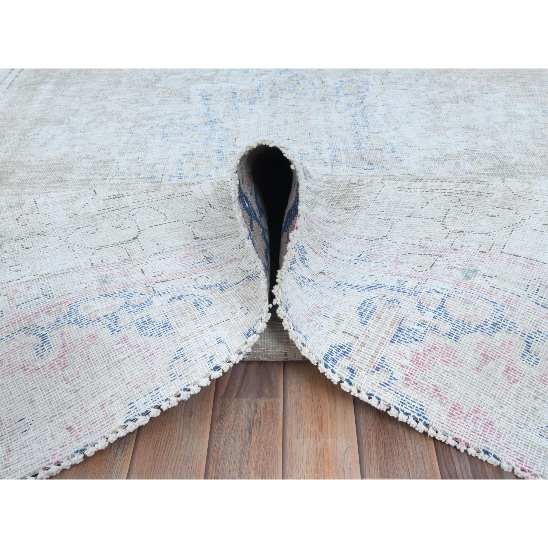 8'7"x12' Beige Hand Knotted Worn Wool, Cropped Thin, Distressed Look Vintage Persian Kerman Oriental Rug Sh81249