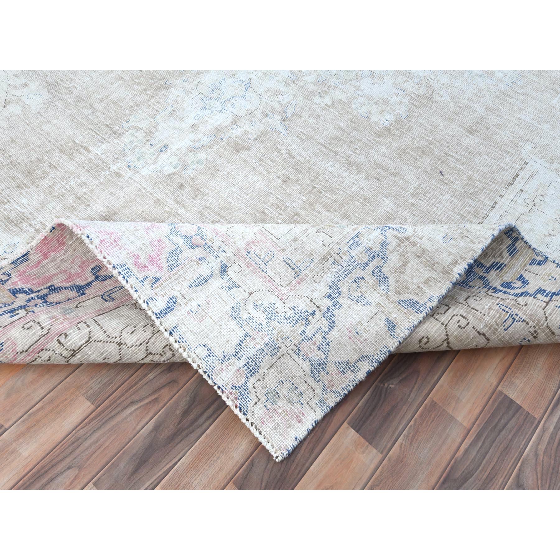 8'7"x12' Beige Hand Knotted Worn Wool, Cropped Thin, Distressed Look Vintage Persian Kerman Oriental Rug Sh81249