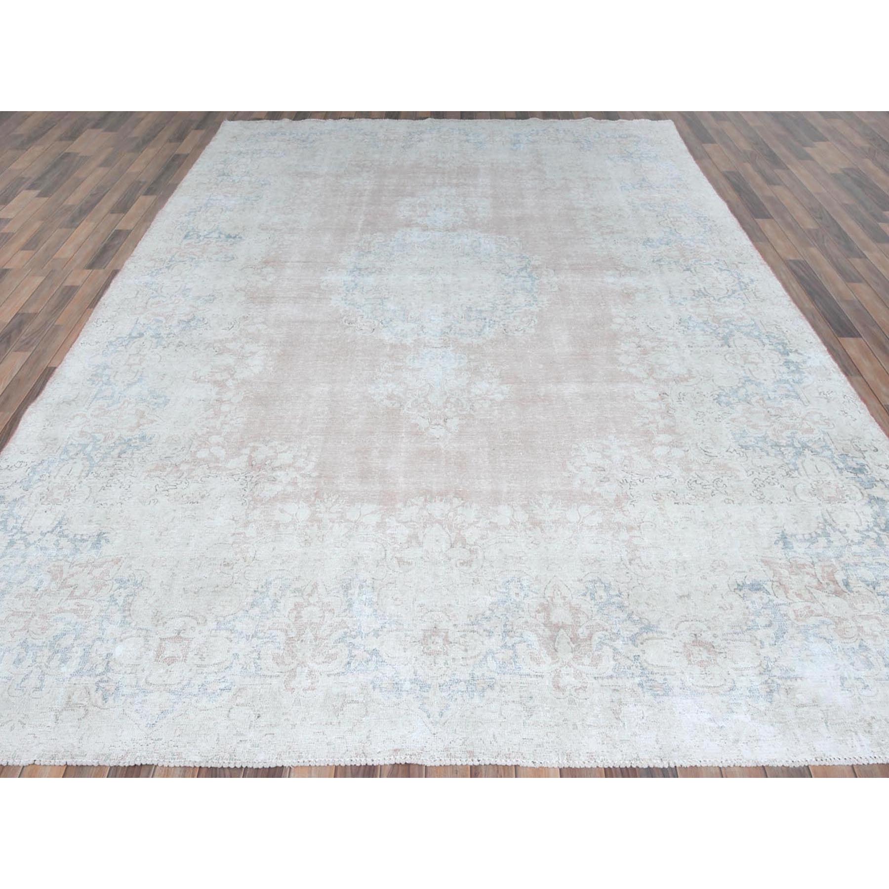9'4"x13'1" Faded Pink Hand Knotted Worn Wool, Cropped Thin, Distressed Look Old Persian Kerman Oriental Rug Sh81251