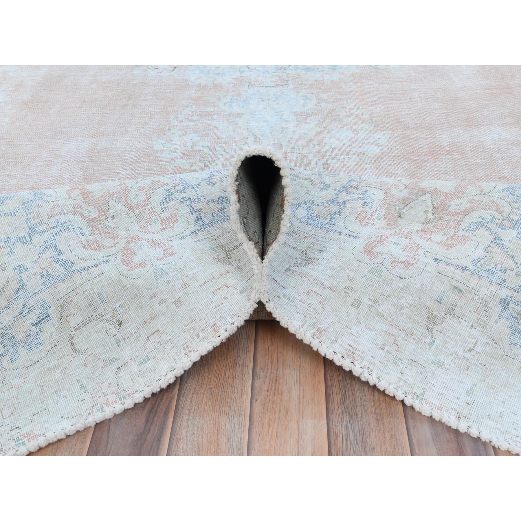 9'4"x13'1" Faded Pink Hand Knotted Worn Wool, Cropped Thin, Distressed Look Old Persian Kerman Oriental Rug Sh81251