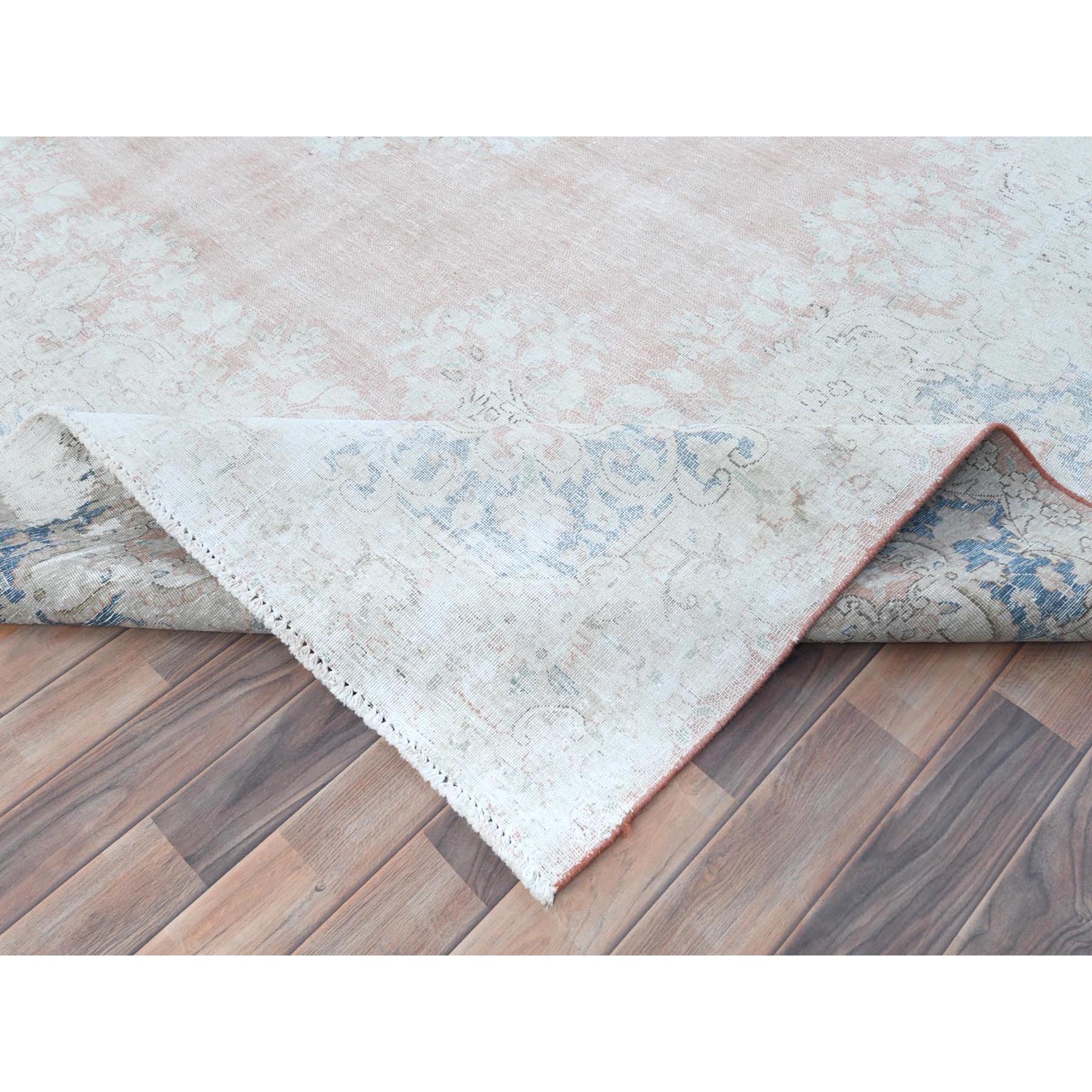 9'4"x13'1" Faded Pink Hand Knotted Worn Wool, Cropped Thin, Distressed Look Old Persian Kerman Oriental Rug Sh81251