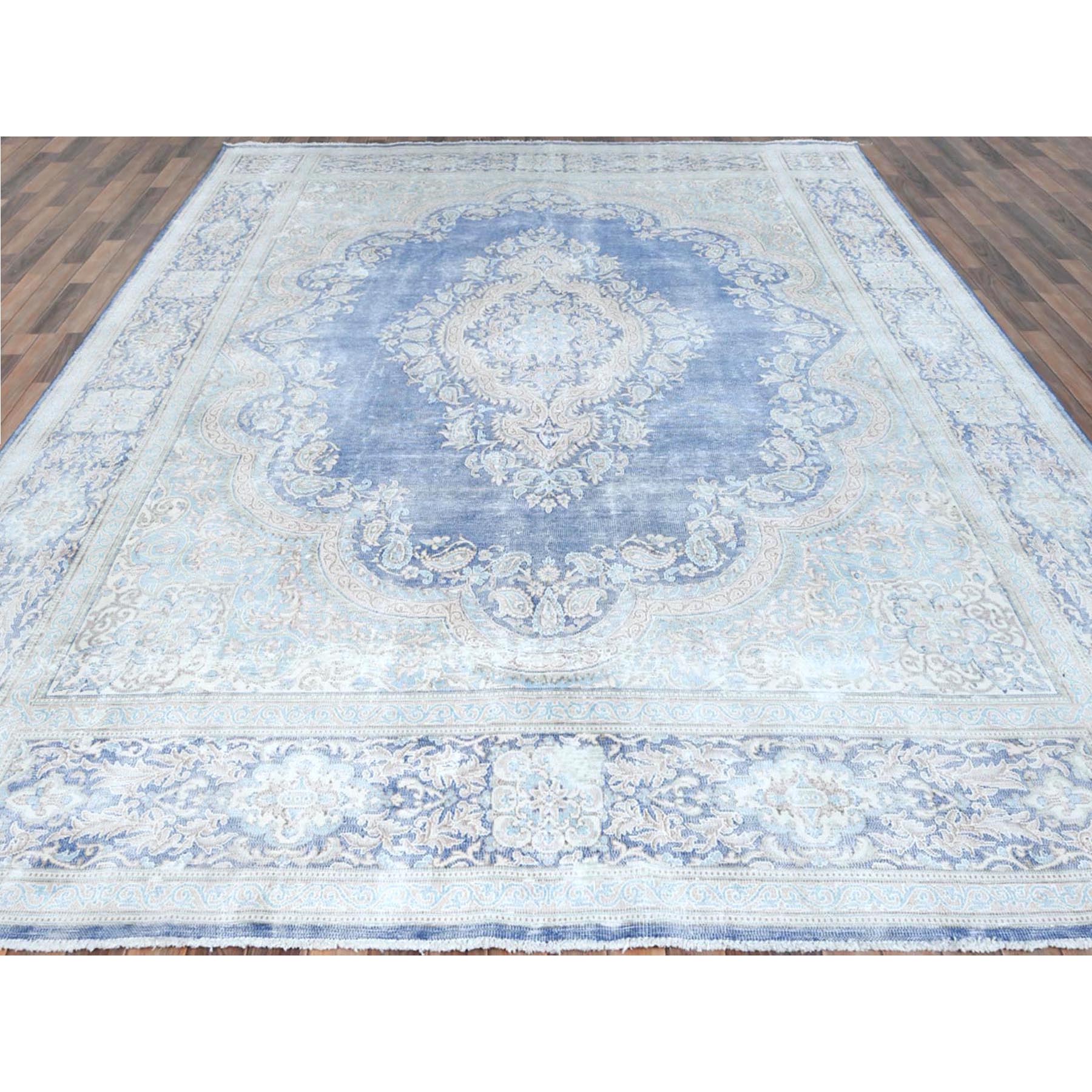10'x13' Denim Blue Vintage Persian Kerman Hand Knotted Sheared Low Worn Wool Distressed Look Oriental Rug Sh81253
